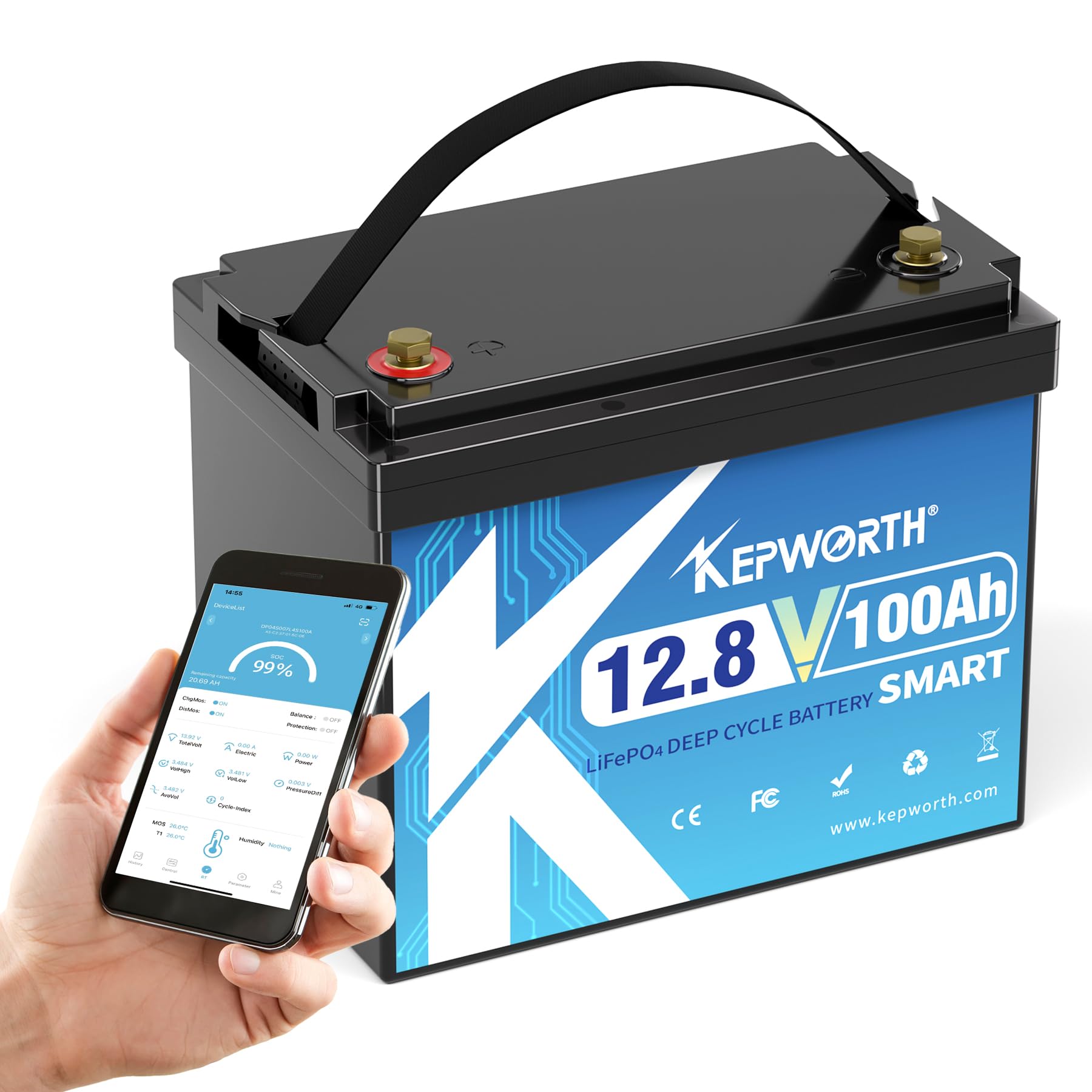 KEPWORTH LiFePO4 100Ah 12.8V Batterie Bluetooth lithium batterie 100A BMS, 4000-15000 Zyklen Deep Cycle akku, Perfekter Ersatz für Blei-Säure Batterien für wohnmobil, Camping, Solar Home Systeme, Boot von KEPWORTH