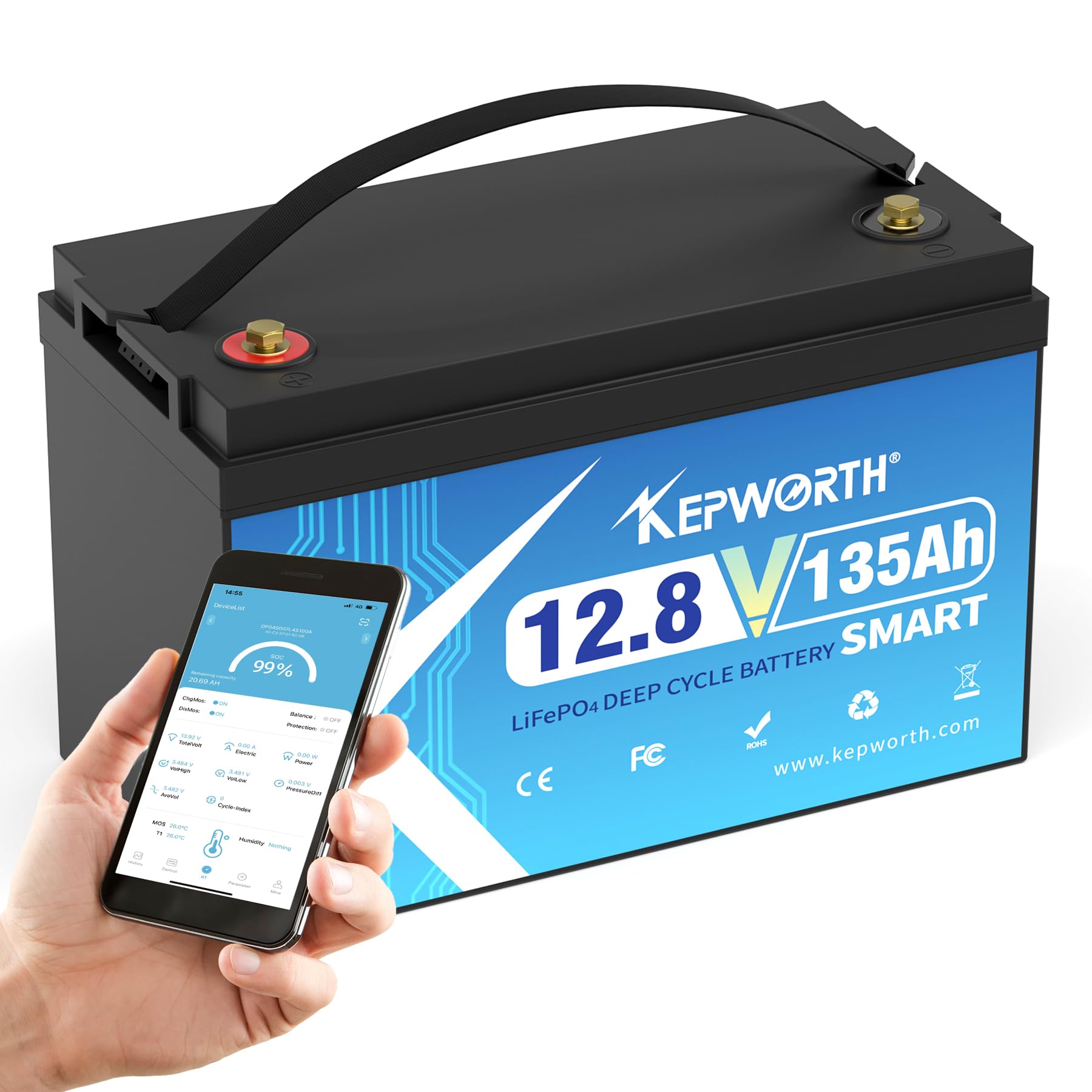 KEPWORTH LiFePO4 135Ah 12.8V Batterie Bluetooth lithium batterie 100A BMS, 4000-15000 Zyklen Deep Cycle akku, Perfekter Ersatz für Blei-Säure Batterien für wohnmobil, Camping, Solar, Boot von KEPWORTH