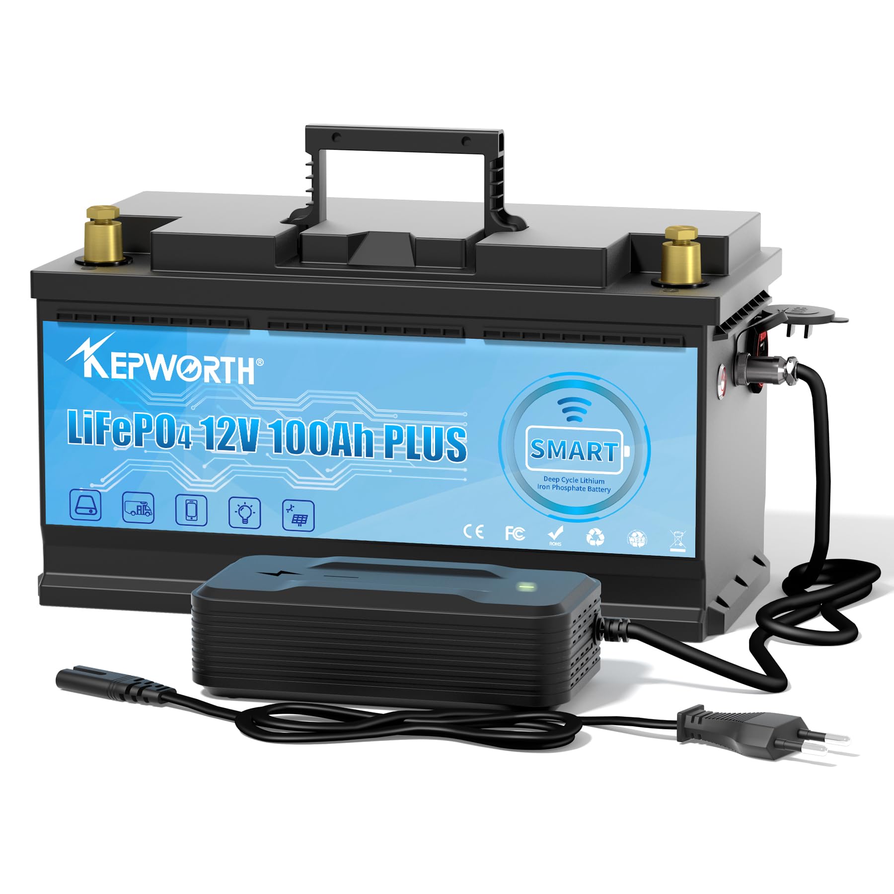 KEPWORTH LiFePO4 Batterie 12.8V 100Ah, 100A Bluetooth BMS, Max. 15000 Zyklen Deep Cycle Lithium Akku, Perfekter Ersatz für Blei-Säure Batterien für Wohnwagen, Camping, Boote, Solaranlage von KEPWORTH