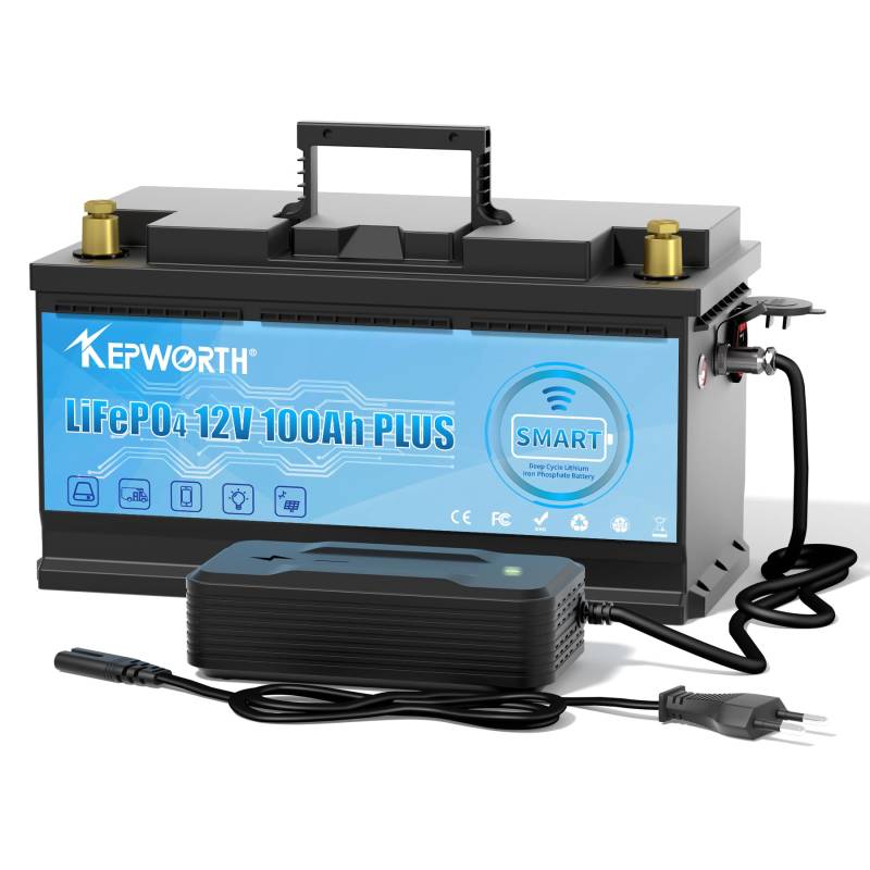 KEPWORTH LiFePO4 Batterie 12.8V 100Ah, 100A Bluetooth BMS, Max. 15000 Zyklen Deep Cycle Lithium Akku, Perfekter Ersatz für Blei-Säure Batterien für Wohnwagen, Camping, Boote, Solaranlage von KEPWORTH