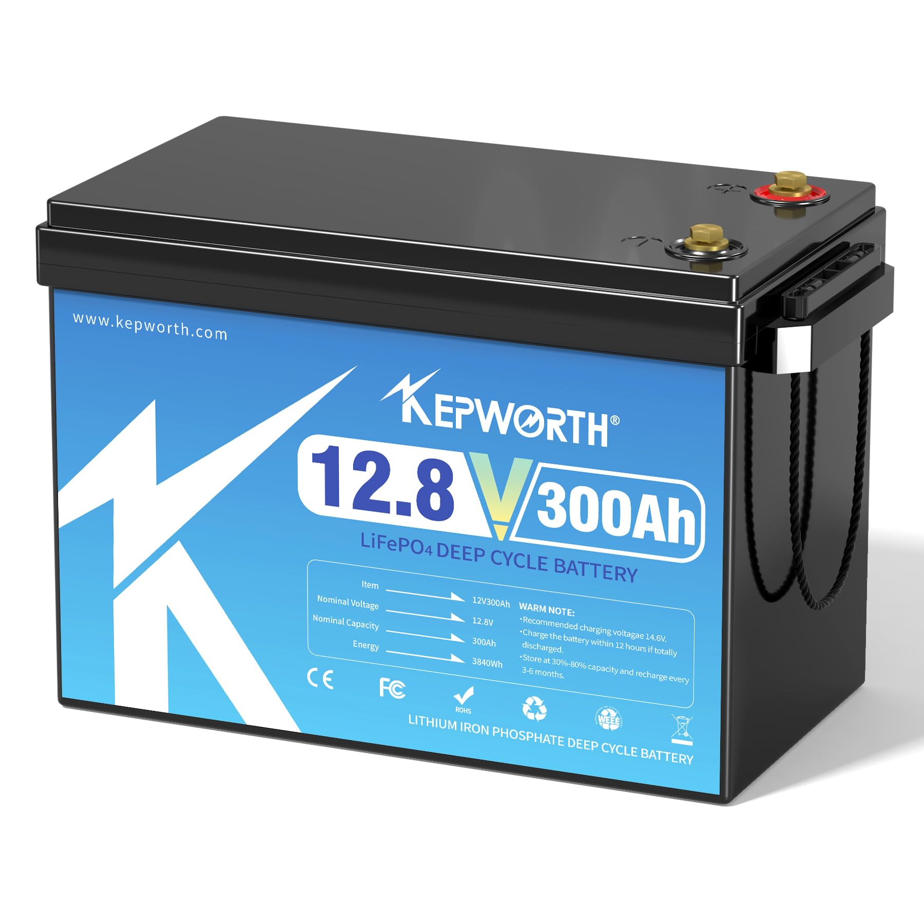 KEPWORTH LiFePO4 Batterie 12.8V 300Ah, 3840Wh Lithium Akku mit 200A BMS, Max. 15000 Zyklen, Perfekter Ersatz für Blei-Säure für Wohnmobile, Solaranlage, Boot, Solarpanel Kit,Camping von KEPWORTH