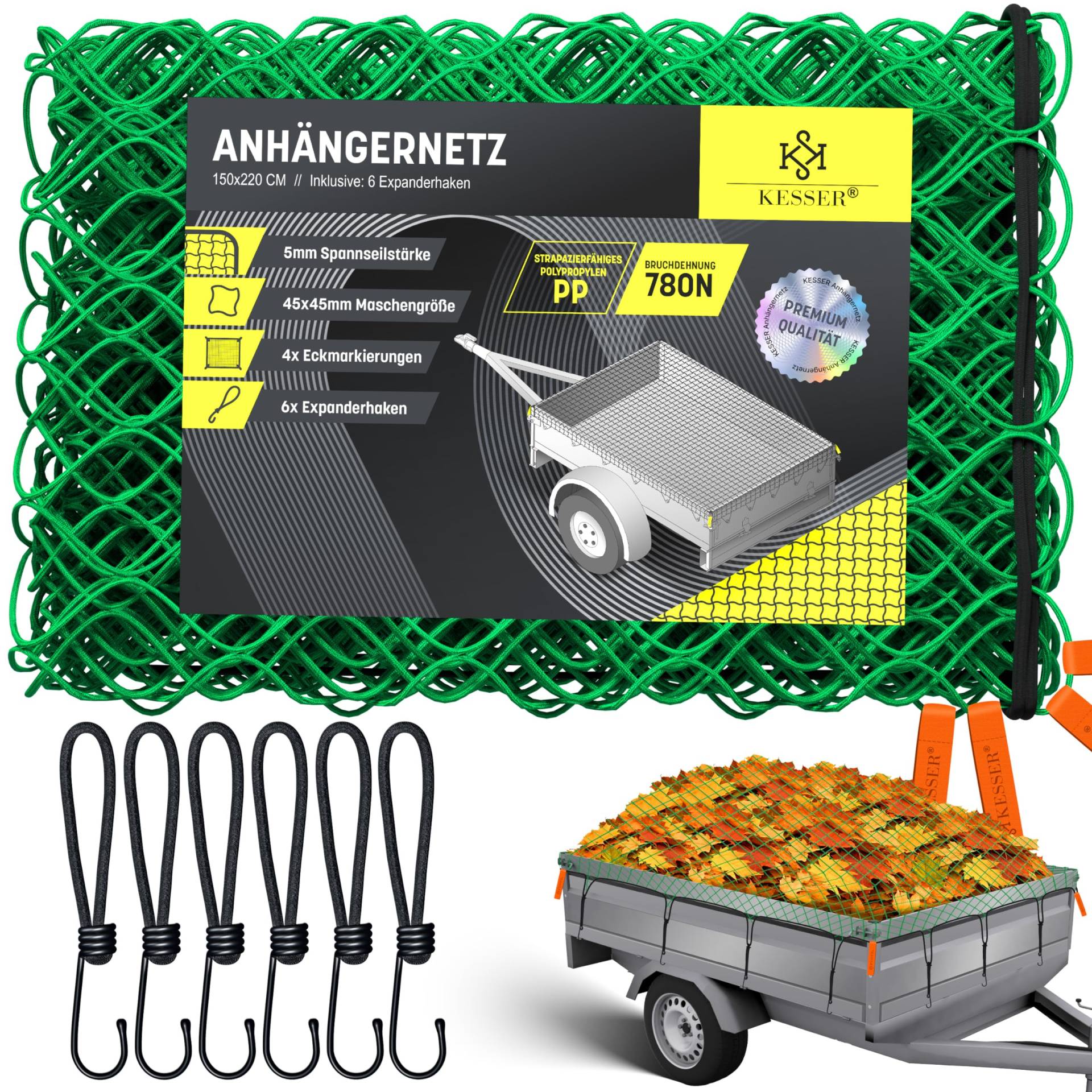 KESSER® Anhängernetz 1,5x2,2m feinmaschig | Hängernetz mit Spannseil & Netzkordel | Containernetz für Ladungssicherung | Sicherungs-Netz Eckmarkierungen Expander-Haken & Befestigungsknöpfen Grün von KESSER