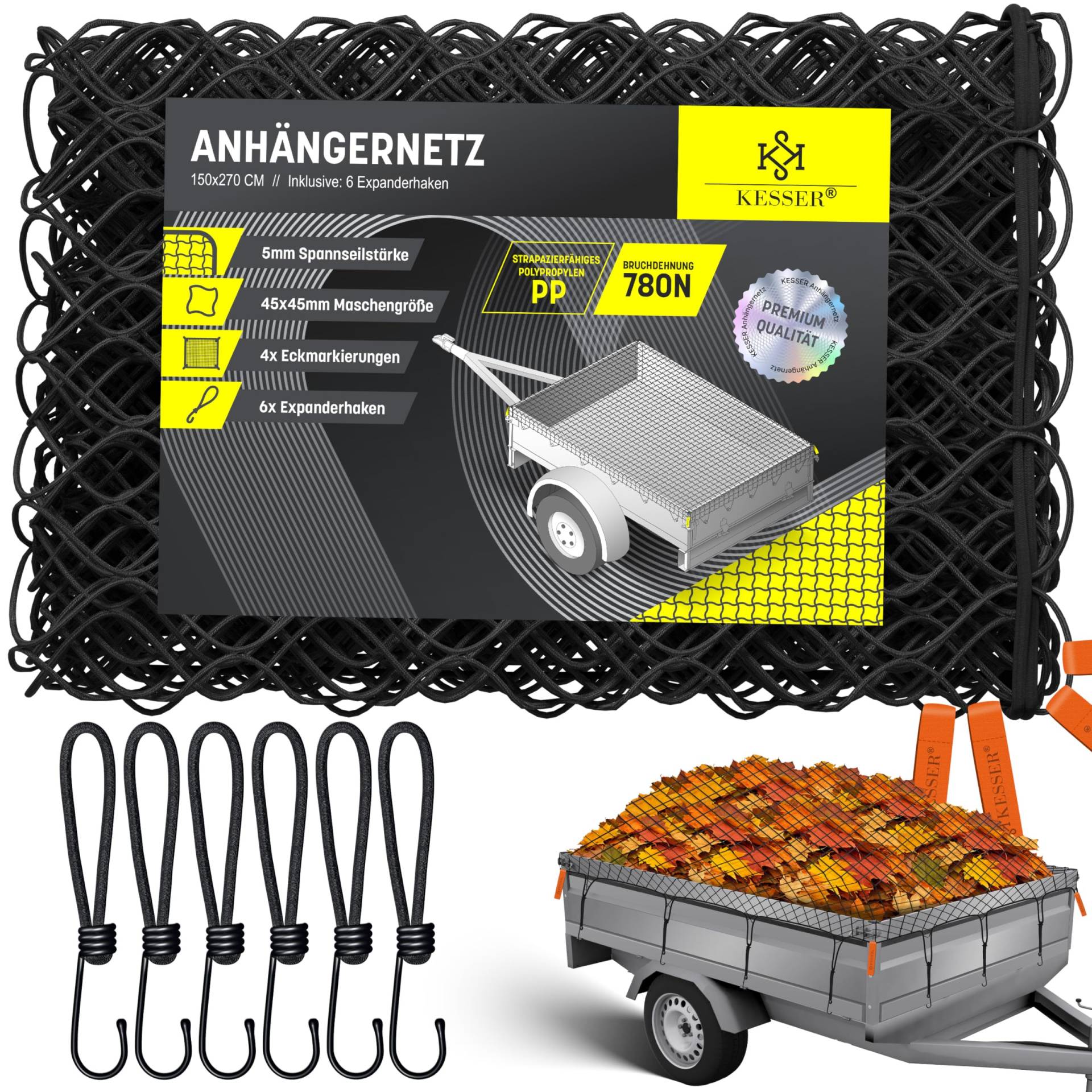 KESSER® Anhängernetz 1,5x2,7m feinmaschig | Hängernetz mit Spannseil & Netzkordel | Containernetz für Ladungssicherung | Sicherungs-Netz Eckmarkierungen Expander-Haken & Befestigungsknöpfen Schwarz von KESSER