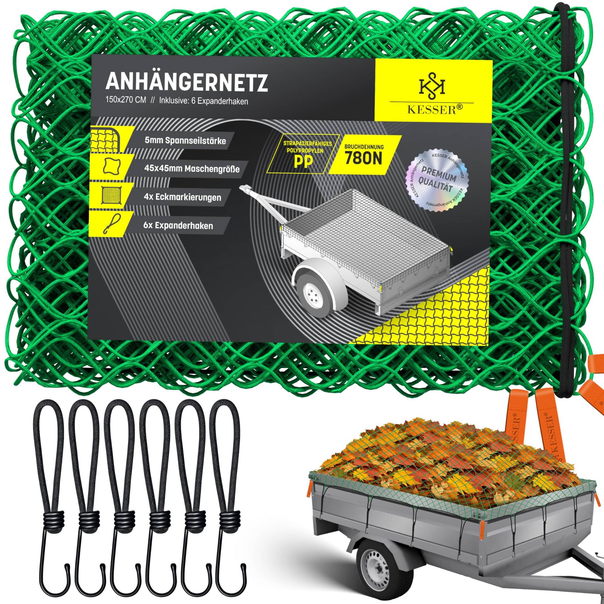 KESSER® Anhängernetz 1,5x2,7m feinmaschig | Hängernetz mit Spannseil & Netzkordel | Containernetz für Ladungssicherung | Sicherungs-Netz Eckmarkierungen Expander-Haken & Befestigungsknöpfen Grün von KESSER