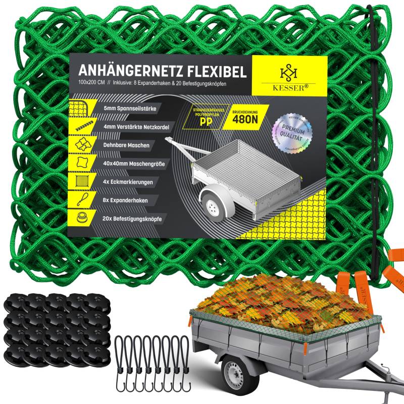 KESSER® Anhängernetz 1x2m Dehnbar feinmaschig | Hängernetz mit Spannseil & Netzkordel für Ladungssicherung | elastisches Sicherungs-Netz Eckmarkierungen Expander-Haken & Befestigungsknöpfen Grün von KESSER