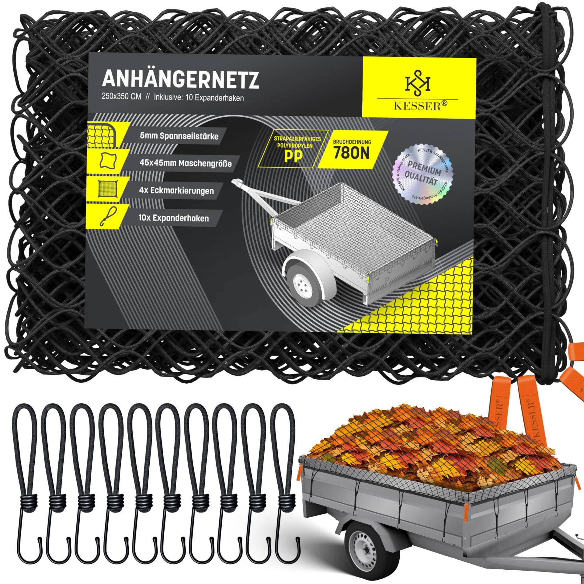 KESSER® Anhängernetz 2,5x3,5m feinmaschig | Hängernetz mit Spannseil & Netzkordel | Containernetz für Ladungssicherung | Sicherungs-Netz Eckmarkierungen Expander-Haken & Befestigungsknöpfen Schwarz von KESSER