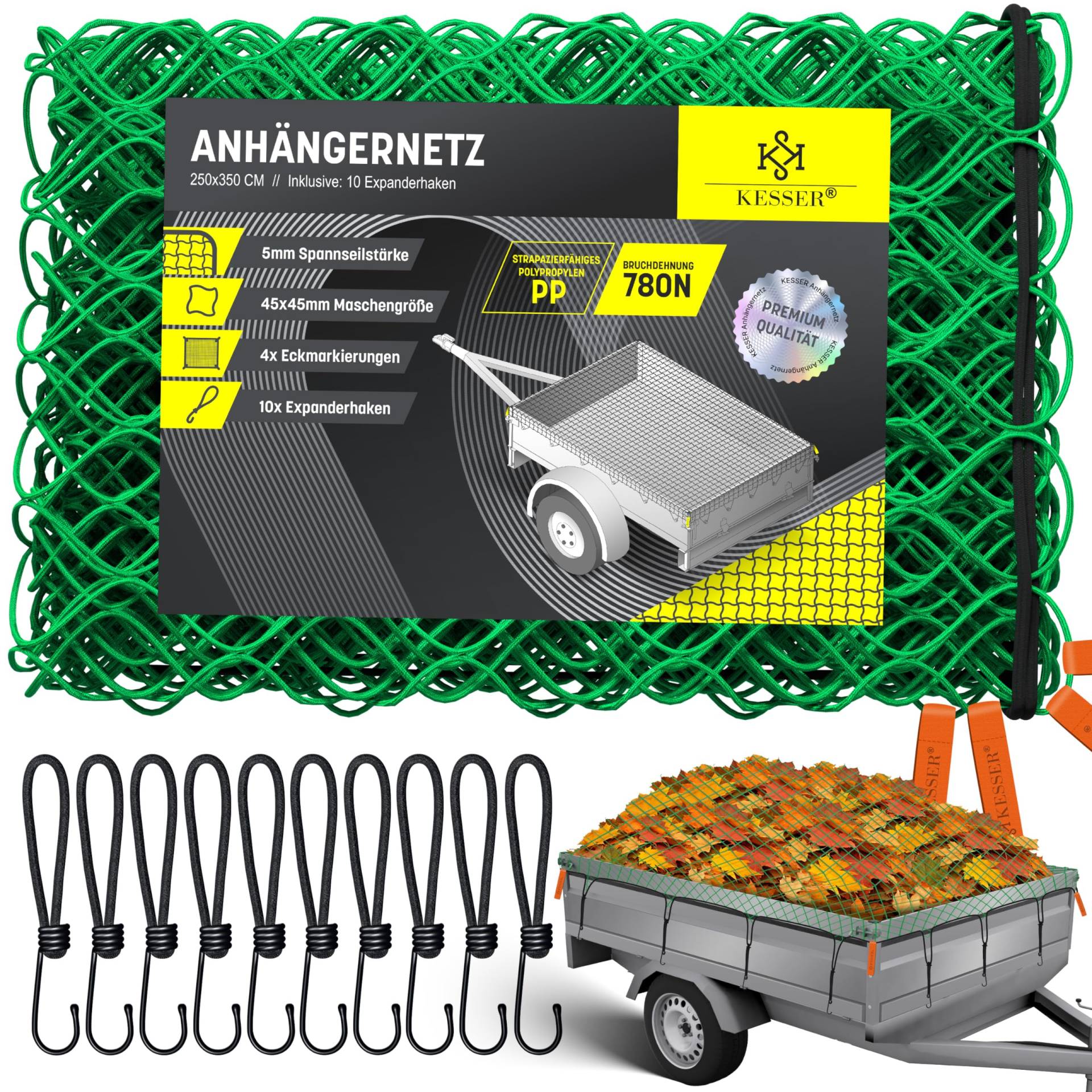 KESSER® Anhängernetz 2,5x3,5m feinmaschig | Hängernetz mit Spannseil & Netzkordel | Containernetz für Ladungssicherung | Sicherungs-Netz Eckmarkierungen Expander-Haken & Befestigungsknöpfen Grün von KESSER