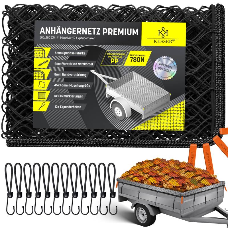 KESSER® Anhängernetz 3x4m feinmaschig | Hängernetz mit Spannseil & Netzkordel | Containernetz für Ladungssicherung | Sicherungs-Netz Eckmarkierungen Expander-Haken & Befestigungsknöpfen Schwarz von KESSER