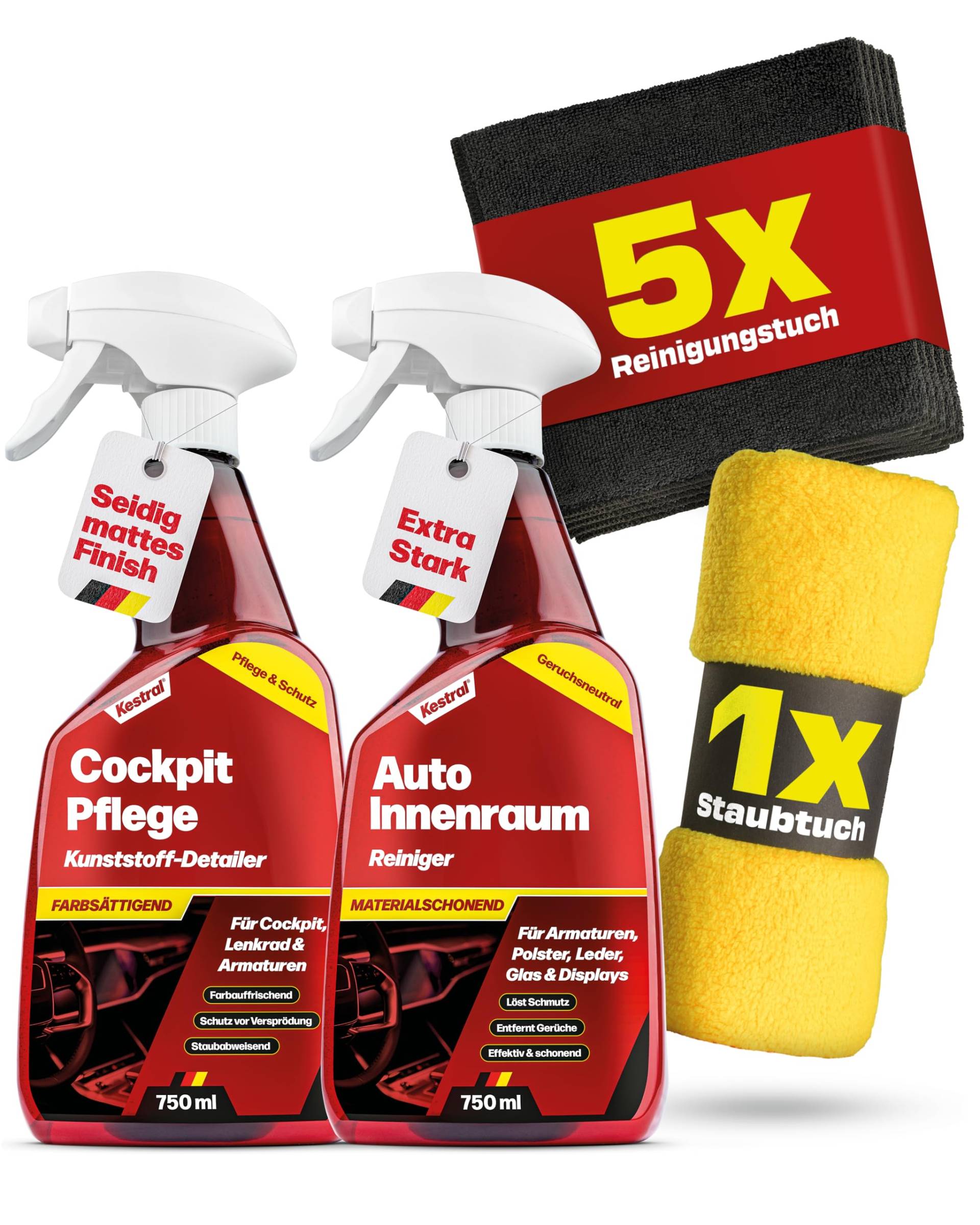 KESTRAL® Auto Innenraumreiniger & Cockpitpflege Set mit 5X Mikrofasertüchern & 1x Staubtuch - entfernt effektiv Schmutz - farbsättigende Pflege im MATT-Effekt - für Autoinnenraum - Made in Germany von KESTRAL