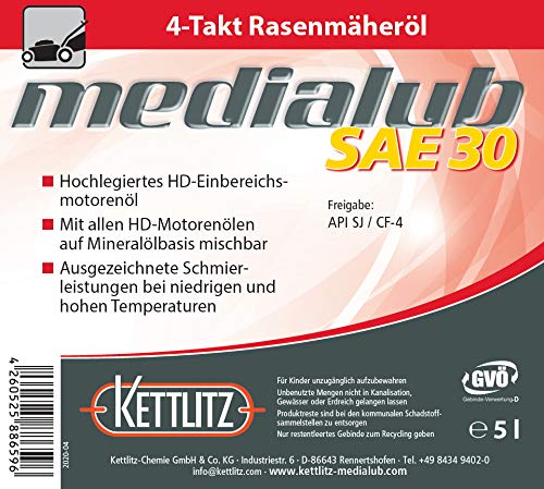 5 Liter Mineralisches 4-Takt Rasenmäheröl KETTLITZ-Medialub SAE 30 Motorenöl auf Mineralölbasis von KETTLITZ-Medialub