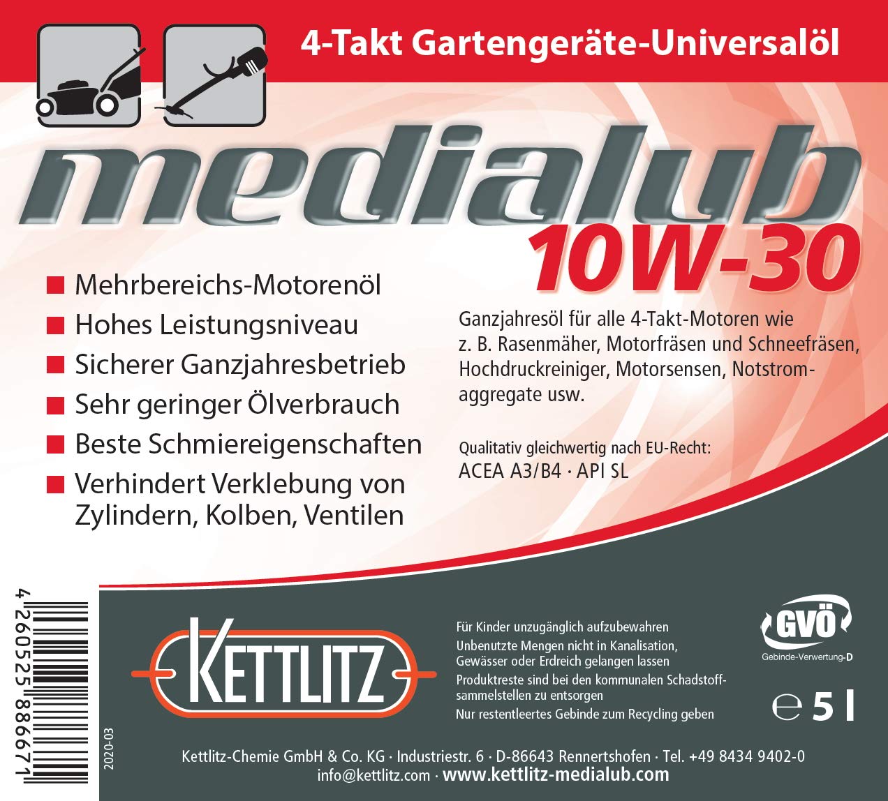 KETTLITZ-Medialub 5 Liter Mineralisches Hochleistungsmotorenöl 10W-30 Ganzjahresöl für 4-Takt Motoren, Gartengeräte von KETTLITZ-Medialub
