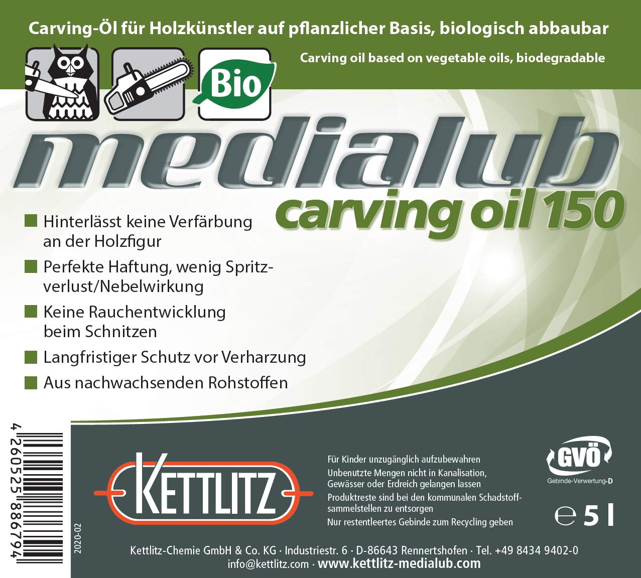 KETTLITZ-Medialub Carving Oil 150 - Bio Kettenöl für Holzschnitzer - Kanister 5 Liter von KETTLITZ-Medialub