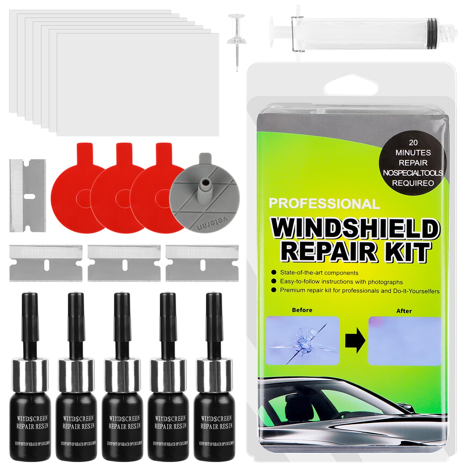 Windschutzscheibe Reparaturset, Windschutzscheibe Crack Repair Kit, Windschutzscheibe Reparatur Kit für Chips und Risse, Glass Repair Kit Windschutzscheibe zum Fixieren von Chips, Rissen,Löchern von KFDDRN