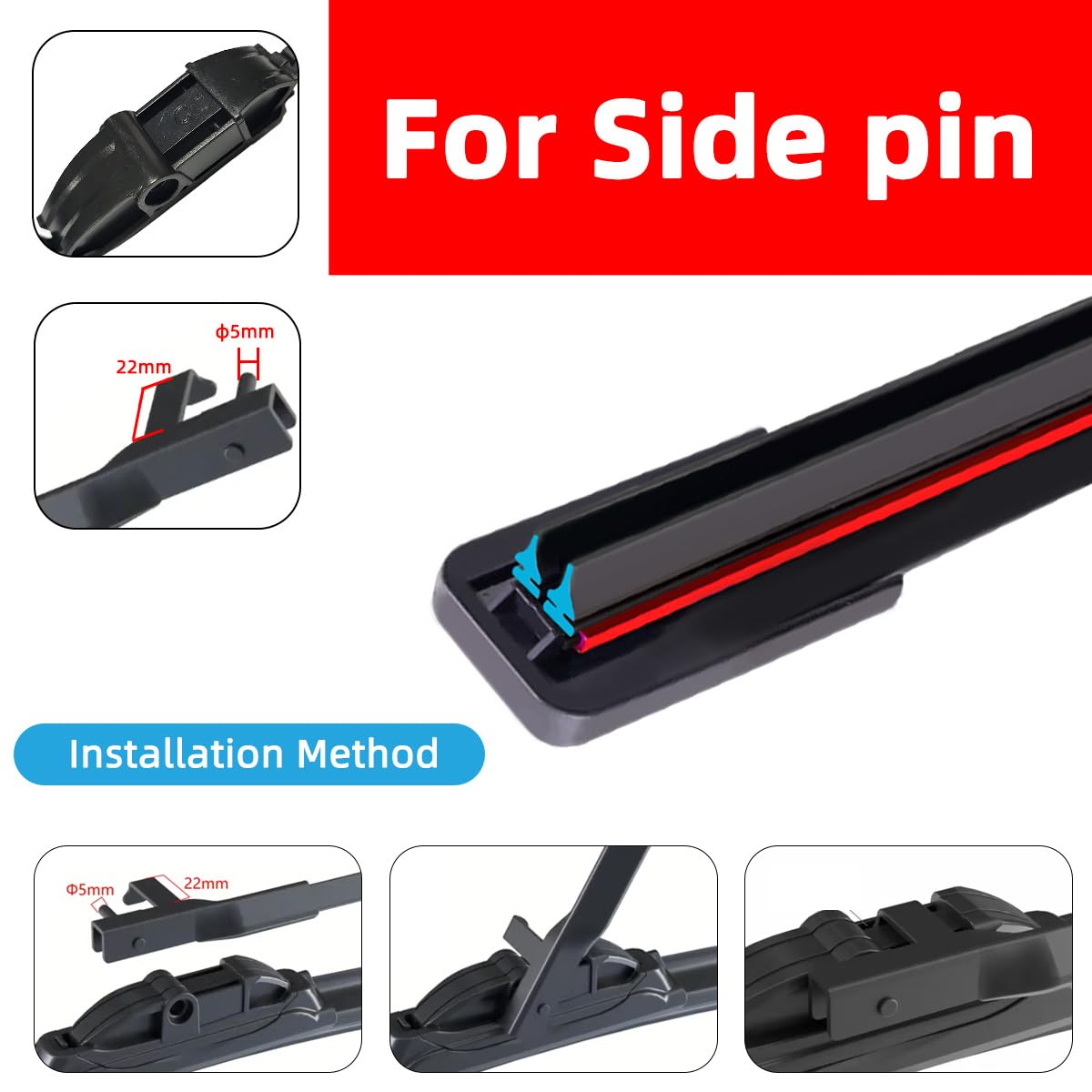 Auto-Wischerblätter Auto-Scheibenwischerblätter, universell, weiche Doppelschicht, Gummi, rahmenlos, halterungslose Bürsten, Zubehör, Windschutzscheibe, Fensterfront Car Windscreen Wiper(For Side pin, von KFJFDHES