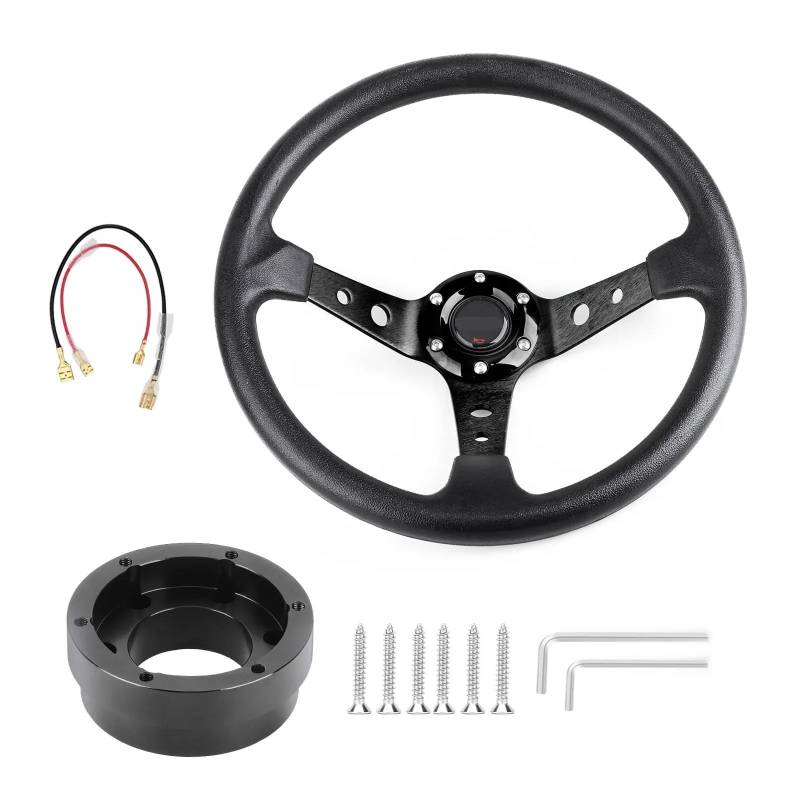 Lenkrad Auto,Steering Wheel 350mm 14 zoll Aluminium Legierung Auto Sport Treiben Lenkräder Mit Adapter Platte 70mm PCD(Black with Black) von KFXYSM