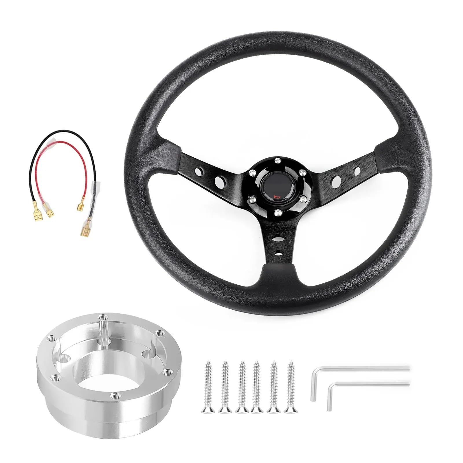 Lenkrad Auto,Steering Wheel 350mm 14 zoll Aluminium Legierung Auto Sport Treiben Lenkräder Mit Adapter Platte 70mm PCD(Black with Silver) von KFXYSM