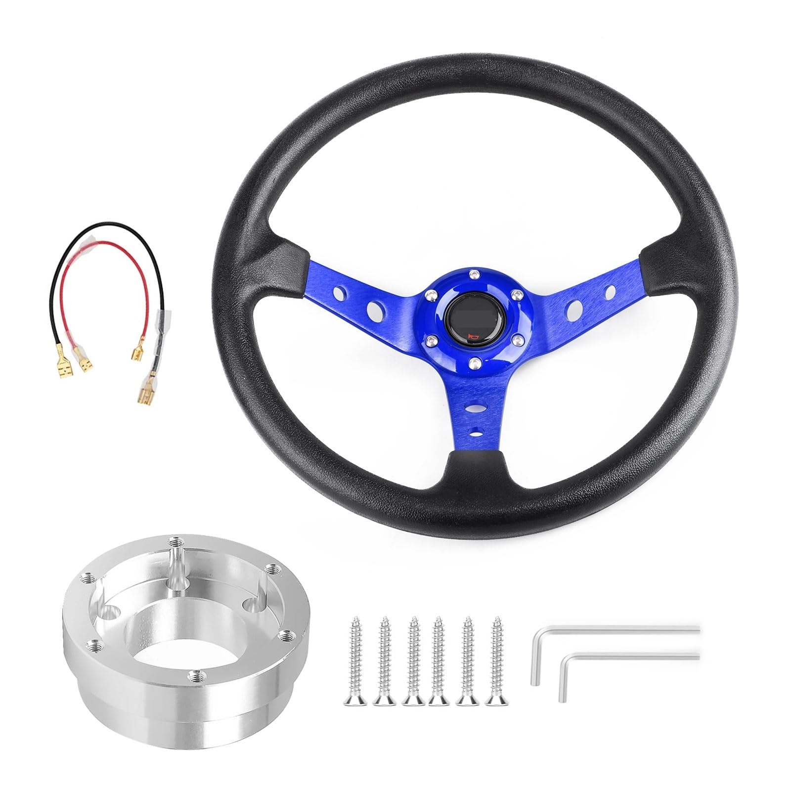 Lenkrad Auto,Steering Wheel 350mm 14 zoll Aluminium Legierung Auto Sport Treiben Lenkräder Mit Adapter Platte 70mm PCD(Blue with Silver) von KFXYSM