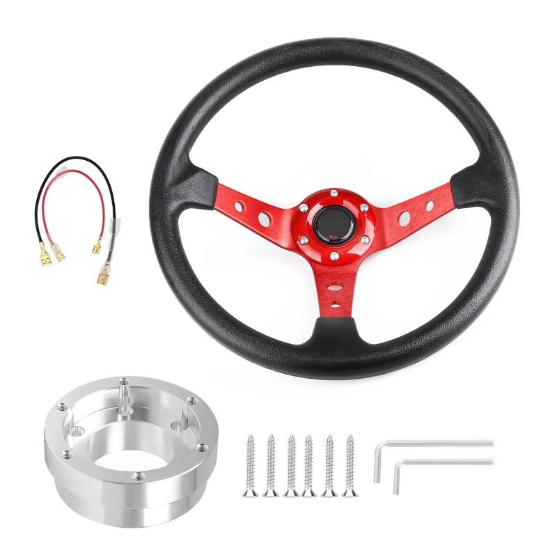 Lenkrad Auto,Steering Wheel 350mm 14 zoll Aluminium Legierung Auto Sport Treiben Lenkräder Mit Adapter Platte 70mm PCD(Red with Silver) von KFXYSM