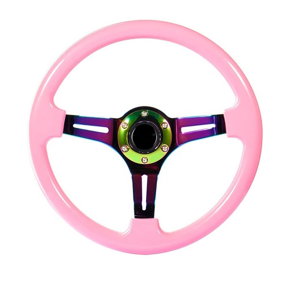 Lenkrad Auto,Steering Wheel ABS Universal-Chrom-Auto-Sport-Lenkrad 14inch 350mm Auto Racing-Lenkräder tief driftet mehrfach(Pink) von KFXYSM