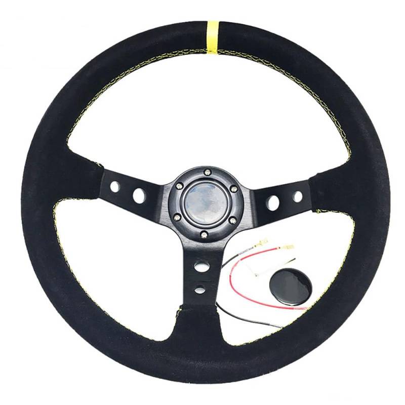 Lenkrad Auto,Steering Wheel Auto Modifikation 14 Zoll Rot/Blau Wildleder Lenkrad Mattiertes Leder 350mm Tief Konkav Lenkrad Werkzeuge Universal(E) von KFXYSM