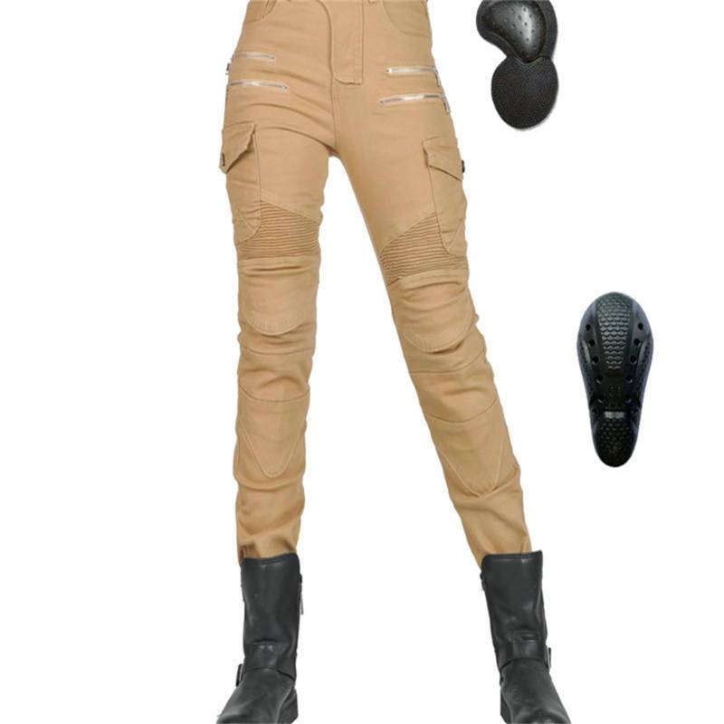 Damen Slim Fit Motorrad Jeans Mit Protektoren Knie Und Hüftprotektoren Stretch Slim Fit Denim Motorradhose Cargo Motorradjeans Schutzhose Biker Pants (Khaki,L) von KHAMEO