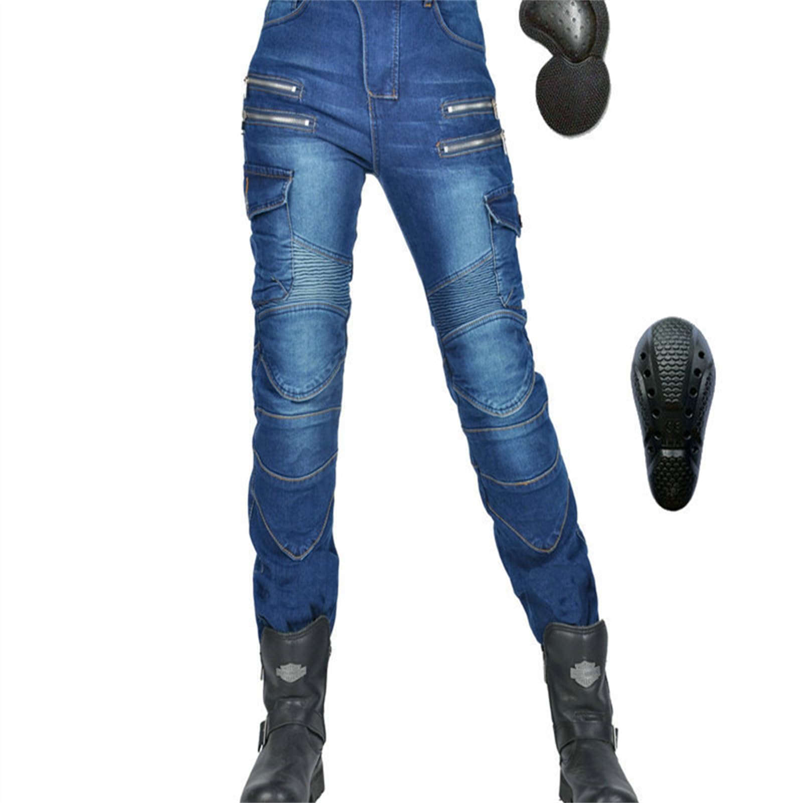 KHAMEO Damen Slim Fit Motorrad Jeans Mit Protektoren Knie Und Hüftprotektoren Stretch Slim Fit Denim Motorradhose Cargo Motorradjeans Schutzhose Biker Pants (Blue,L) von KHAMEO