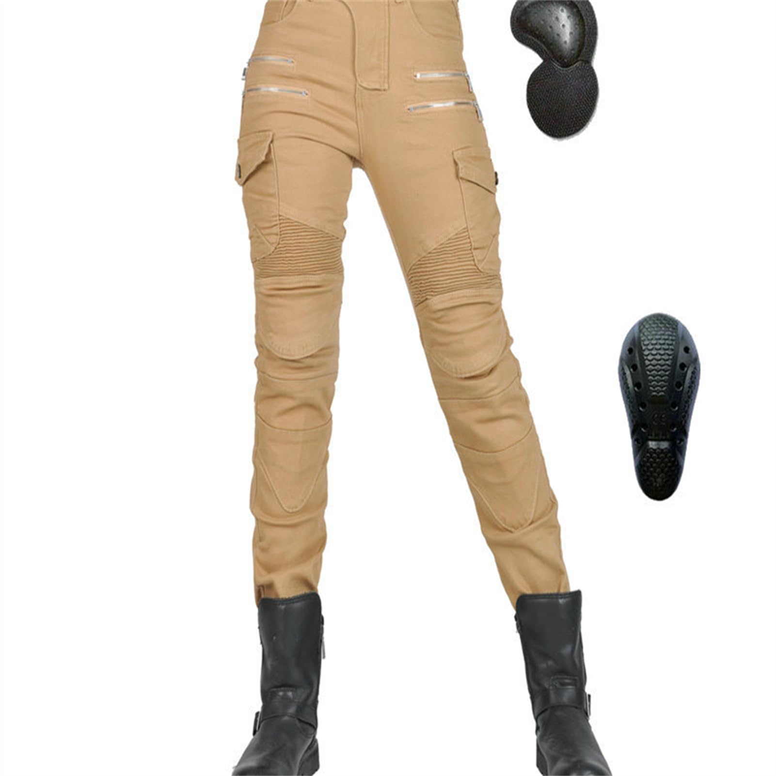 KHAMEO Damen Slim Fit Motorrad Jeans Mit Protektoren Knie Und Hüftprotektoren Stretch Slim Fit Denim Motorradhose Cargo Motorradjeans Schutzhose Biker Pants (Khaki,XS) von KHAMEO