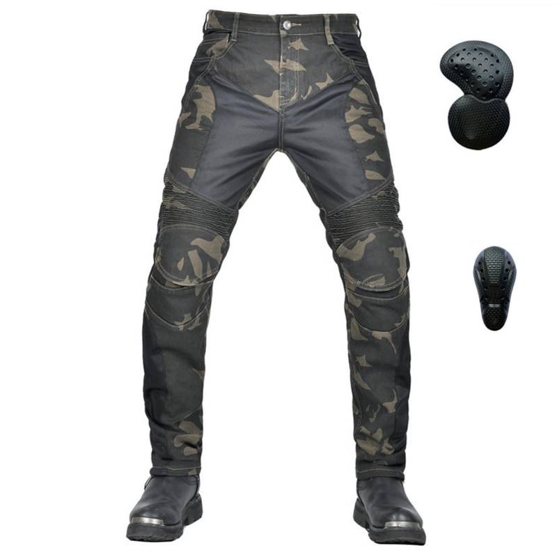 KHAMEO Motorrad-Jeanshose Für Herren, Sturzfeste Jeans Mit Geradem Bein Und 4 Arten Von Schutzausrüstung, Motorradhose Für Motorradrennfahrer Camouflage (Green,4XL) von KHAMEO