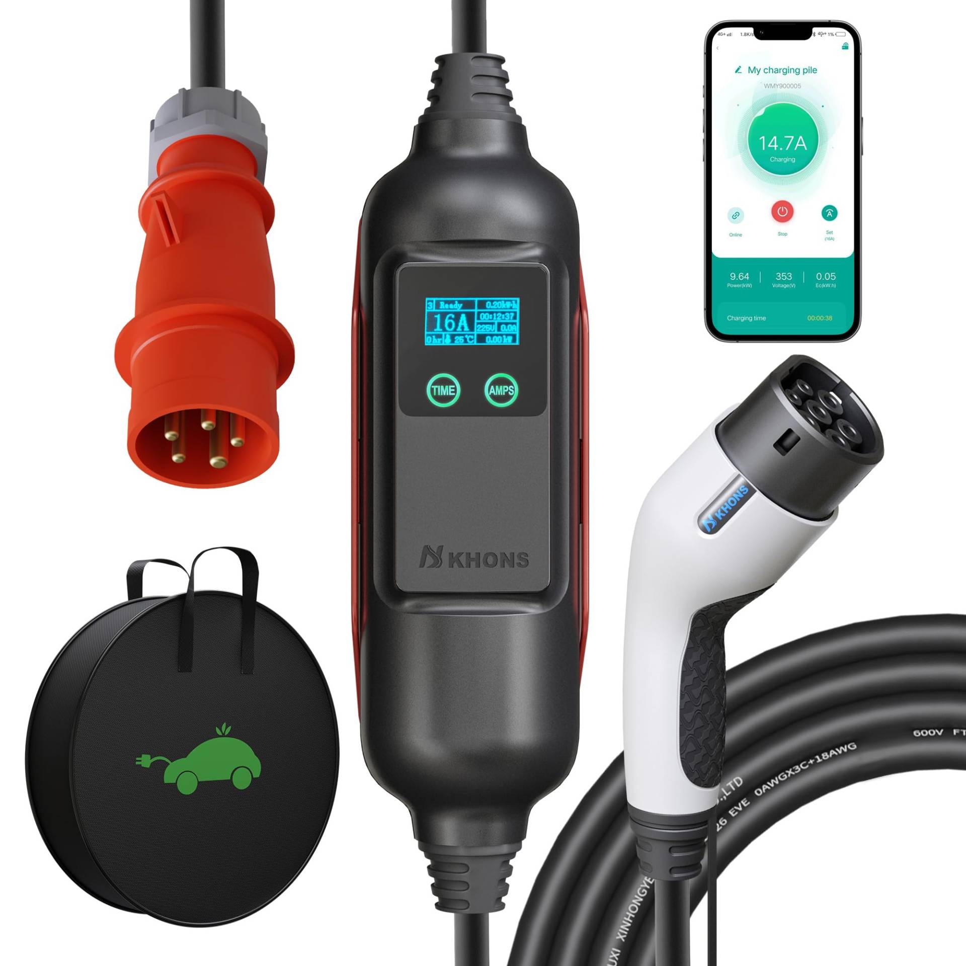 KHONS Typ 2 Ladekabel mit CEE-Stecker 11 kW 6–16 A 3 Phasen 6 m IP65 wasserdichtes tragbares EV-Ladegerät und einstellbare Mobile Wallbox-Ladestation für IEC 62196-2 mit Smart-App von KHONS