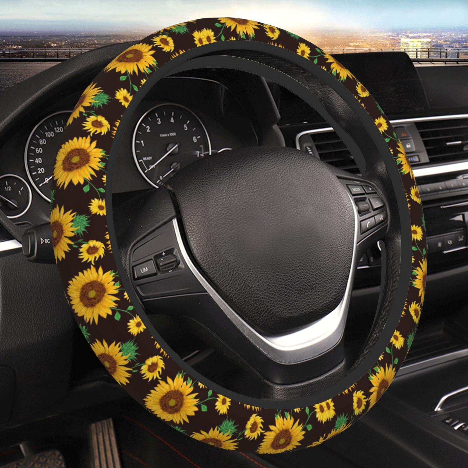 Auto-Lenkradabdeckung, elastisch, Sonnenblumen-Blätter, Auto-Innenzubehör, rutschfest, für alle Modelle, 38,1 cm (15 Zoll) von KHiry