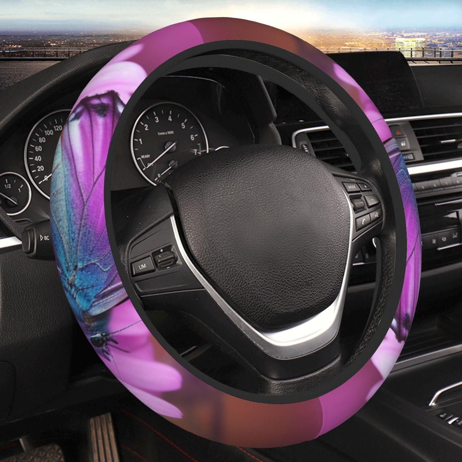 Auto-Lenkradbezug, elastisch, rosa Blume, violett, Schmetterling, Auto-Innenzubehör, rutschfest, für alle Modelle, 38,1 cm von KHiry