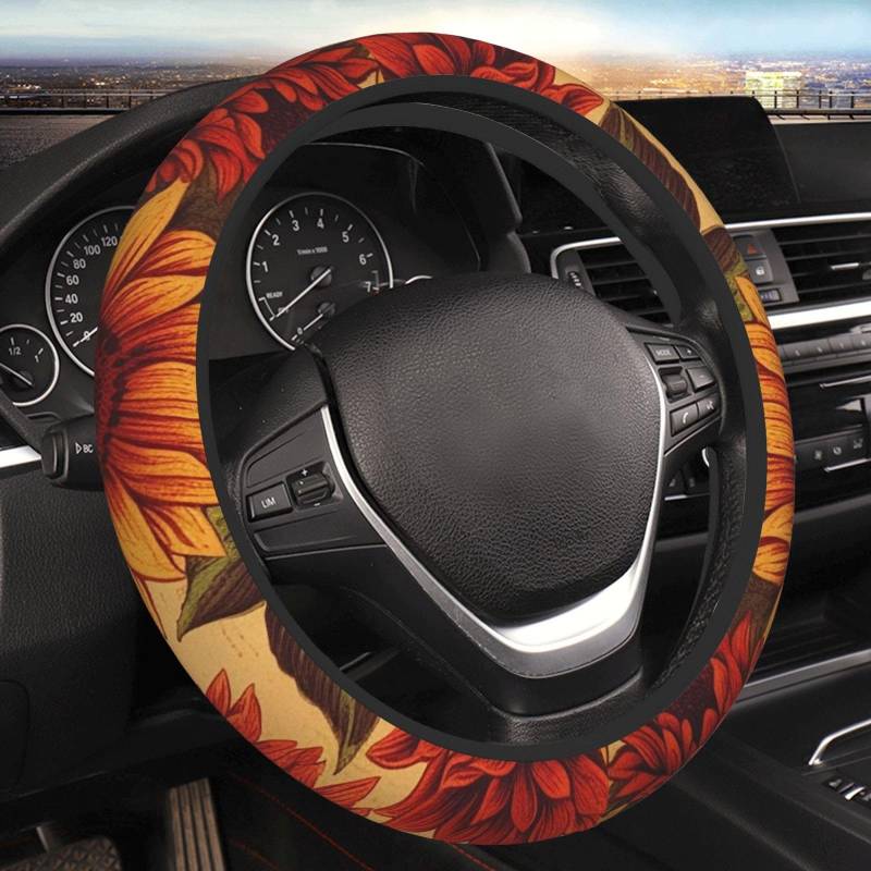 Auto-Lenkradbezug, elastisch, rote Sonnenblume, Auto-Innenzubehör, rutschfest, für alle Modelle, 38,1 cm (15 Zoll) von KHiry