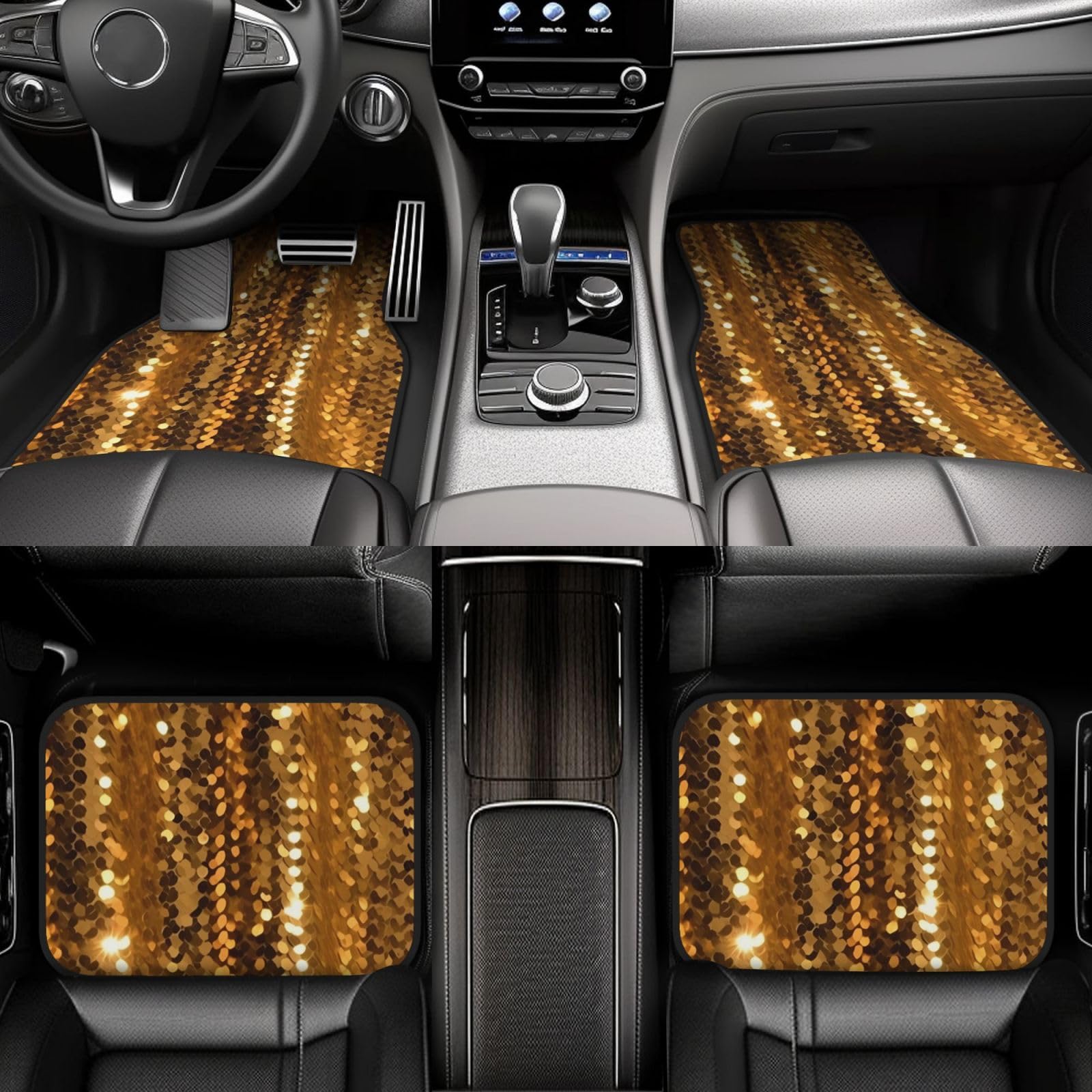 Universal Auto Fußmatten 4 Stück Fußmatten für Auto Gold Pailletten Sparkle Automotive Fußmatten Automatte für SUV Rutschfeste Autoteppich Auto Liner Dekor Zubehör Automotive Matten Fit für SUV Van von KHiry