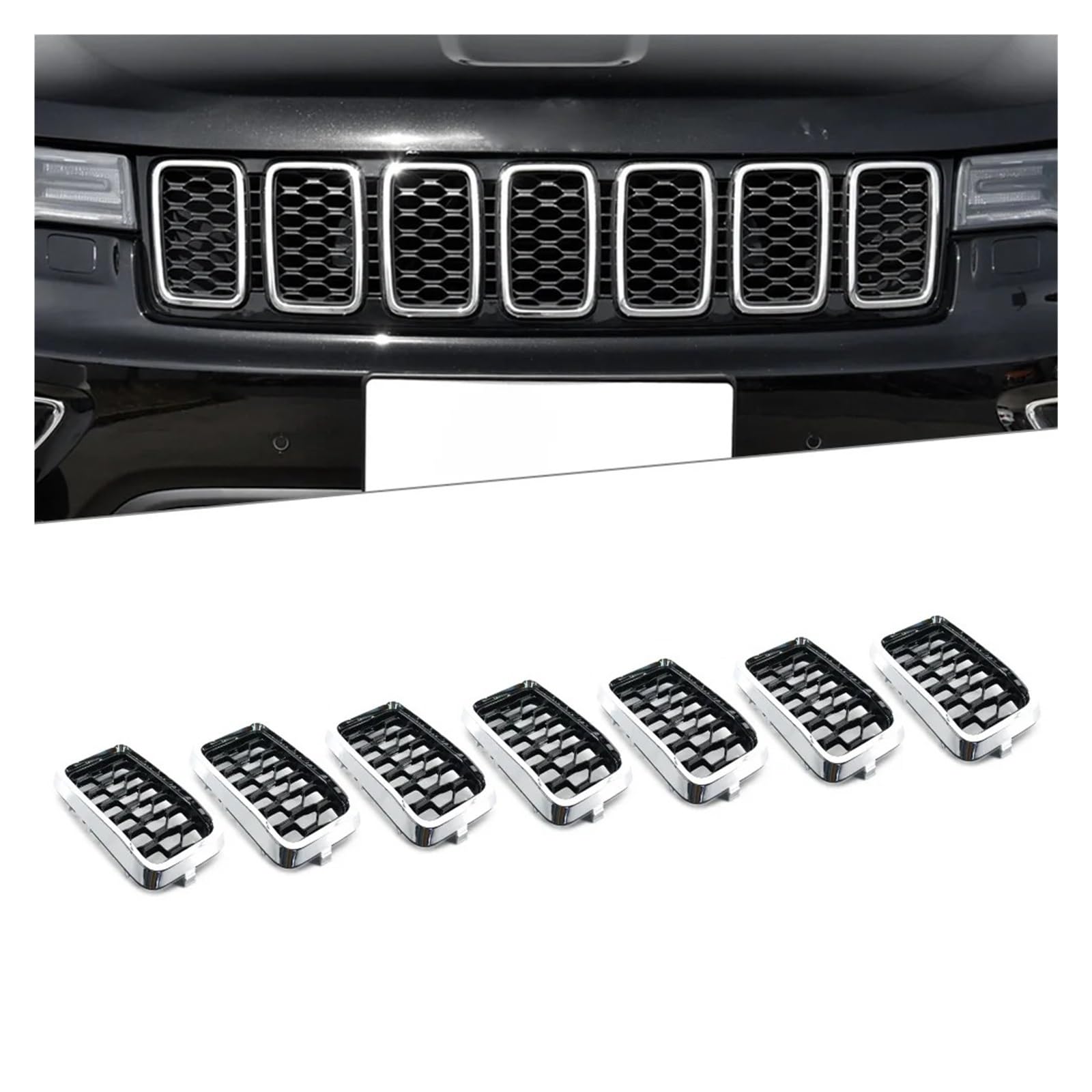 Auto Frontgrill 7 Teile/Satz Für Jeep Für Grand Für Cherokee 2017 2018 2019 2020 2021 68317863AA Auto Kühlergrill Honeycomb Mesh Abdeckung Insert Decor Trim Kühlergrill(Chrome Black) von KIFWGIH