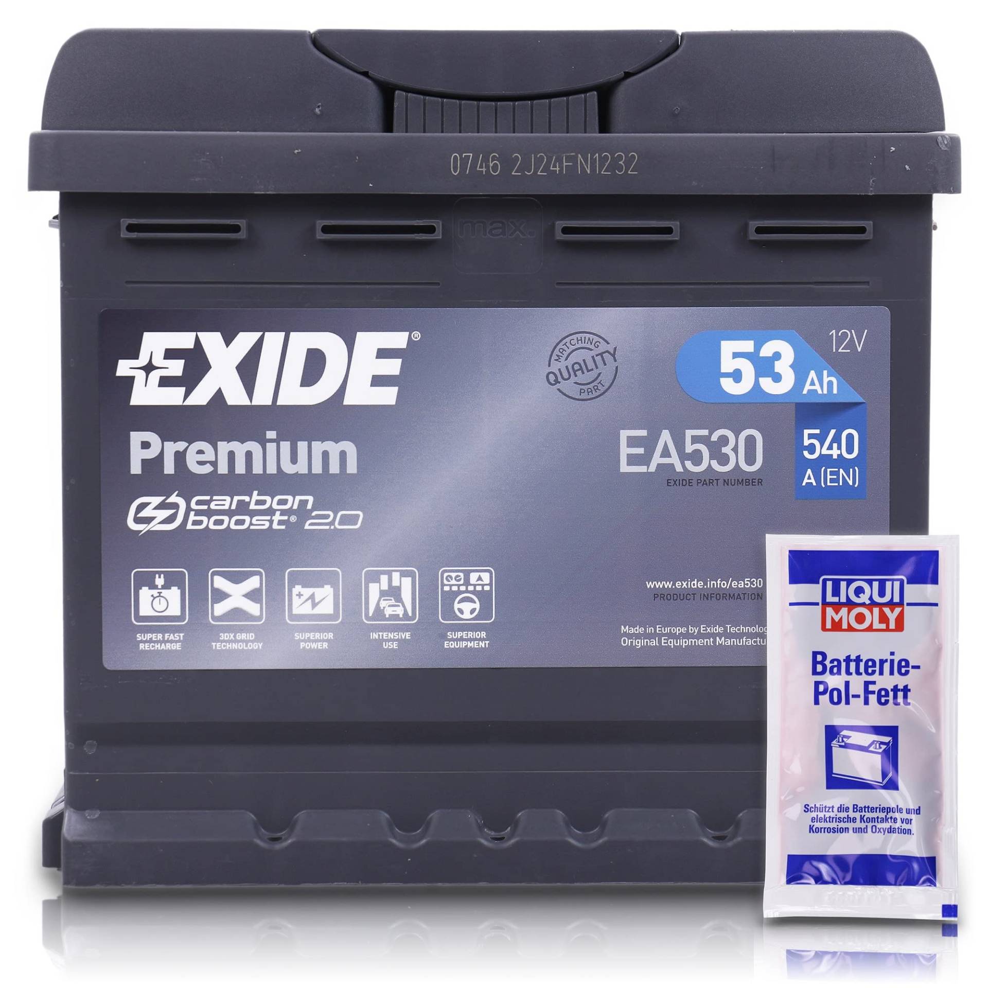 EXIDE EA530 Premium Carbon Boost Autobatterie 12V 53Ah 540A Starterbatterie PKW KFZ Batterie - Ersetzt 45 46 47 48 50 Ah + 1x Batteriepolfett von KIIPO