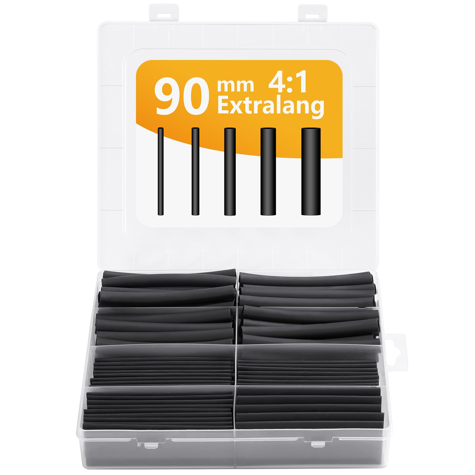 90 mm Schrumpfschlauch-Set mit Klebstoff, 4:1 extra langer Schrumpfschlauch, 5 Größen doppelwandige Schrumpfschläuche Sortiment (Schwarz, 100er Pack) von KIKIGOAL