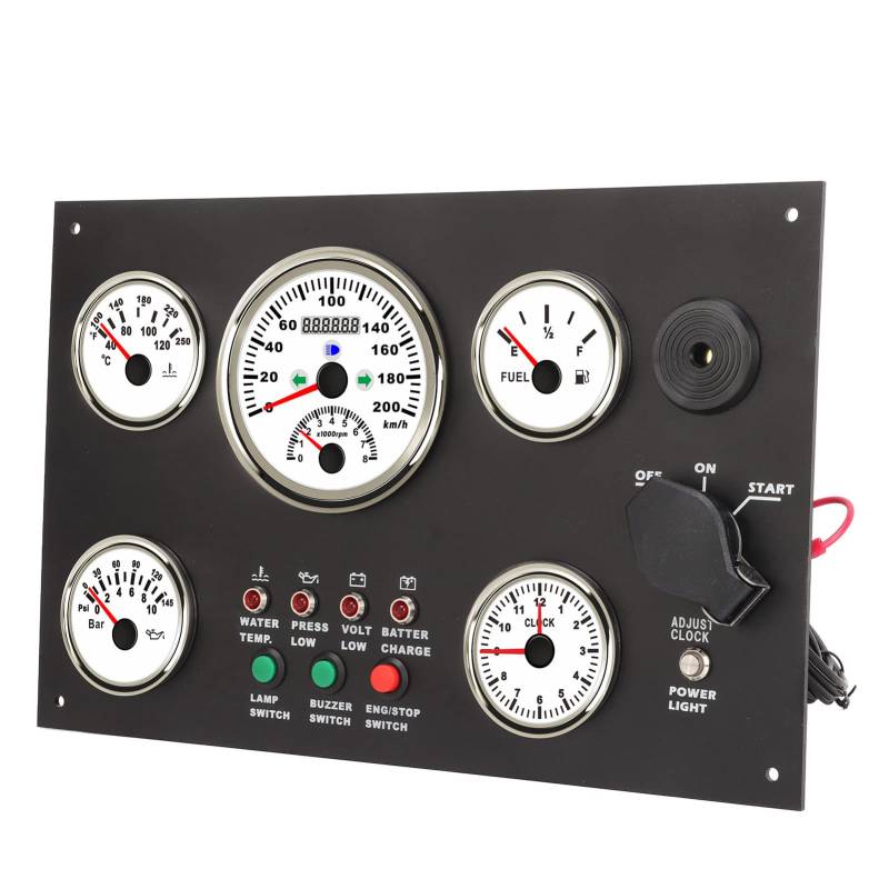 KIMISS Instrumententafel für Schiffsmotoren mit Tachometer, Öl-, Druck-, Wassertemperaturanzeige und Hintergrundbeleuchteten Funktionen für Boote, Wohnmobile und Schiffsanwendungen (12V) von KIMISS