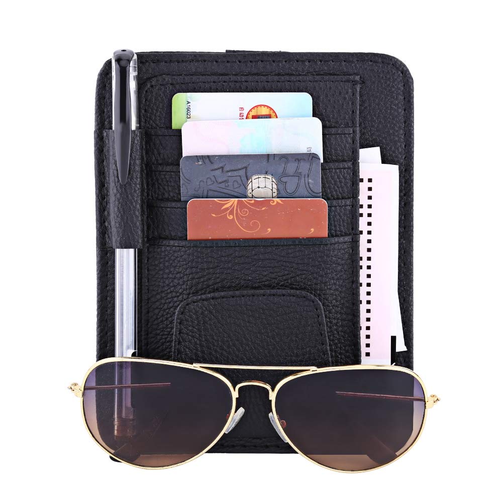 KIMISS Leder Auto Sonnenblende Organizer Beutel Tasche Karte Aufbewahrungsbrille Halter Clip Auto Organizer mit Kartenschlitzen Sonnenbrille Clip(Schwarz) von KIMISS