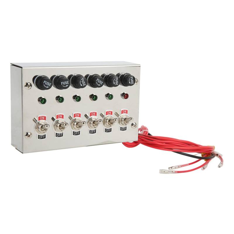 KIMISS Wippschalter-Panel, DC12V 24V 15A 6-Gang-Kippschalter-Panel mit Sicherungen, LED-Anzeigen, Polierter Edelstahl für Rennwagen, Wohnmobile, LKWs von KIMISS