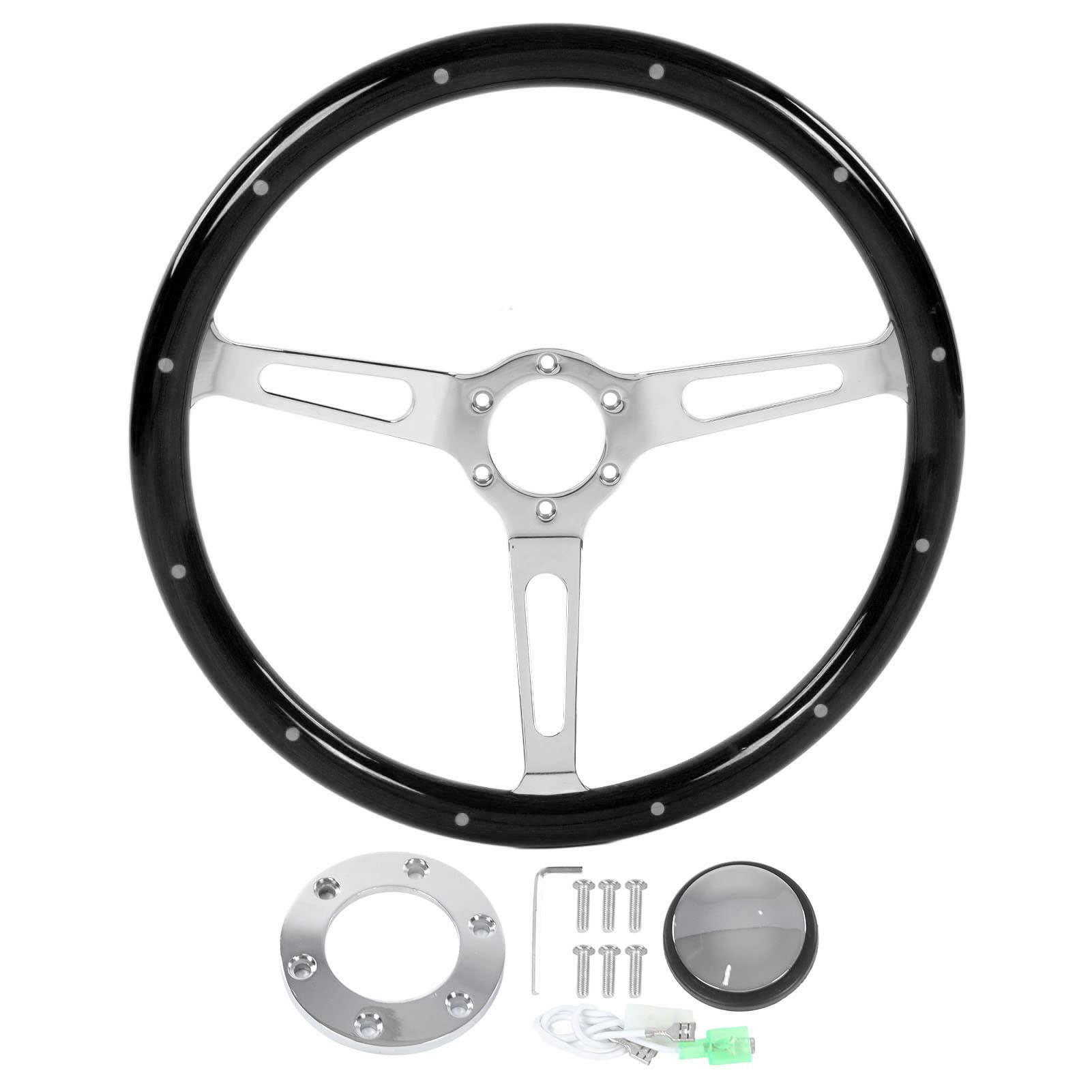 Klassisches Holzlenkrad， 380 Mm 15 Zoll Klassische Lenkradbaugruppe Walnussgriff 3 Speichen Genietet 6-Loch-Universalmodifikation(Schwarz) von KIMISS