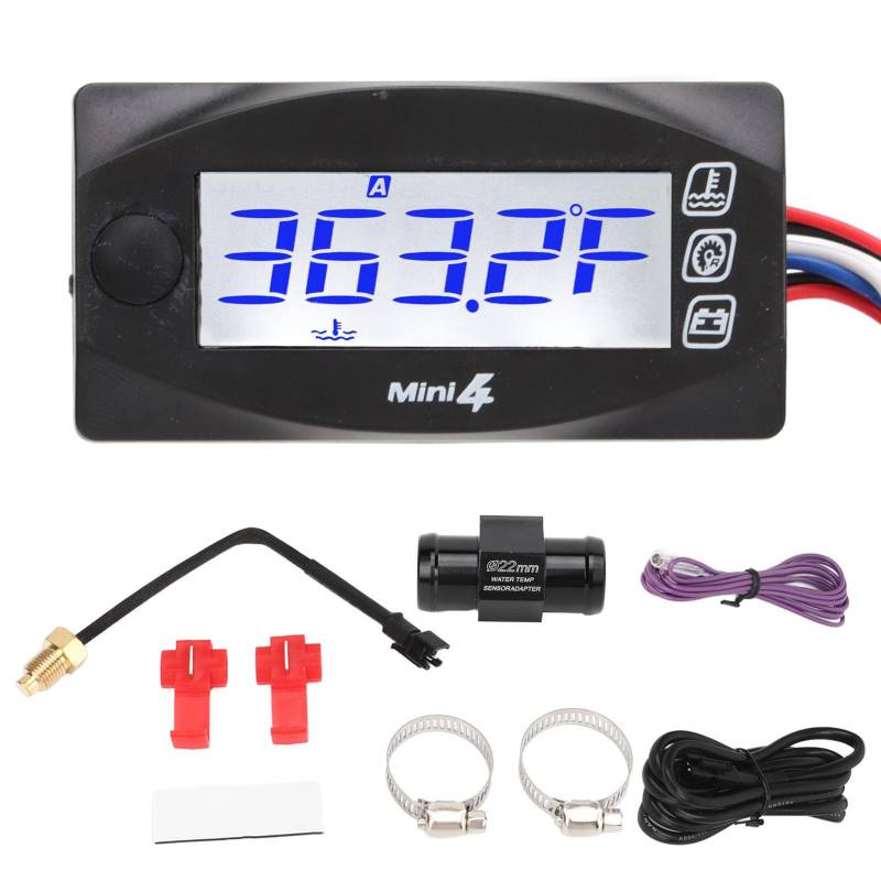 Motorrad-LCD-Digitalthermometer Quad Square Instrument Wassertemperaturanzeige Motortemperaturanzeige Zeit Voltmeter Voltmeter Anzeige Spannung Tachometer 3-Wege-Anschluss (22mm) von KIMISS