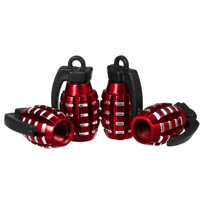 KINBOM 4pcs Aluminium Ventilkappen, Handgranate Style Heavy Duty Reifen Ventilkappen Auto Metall Luftdichte Dichtung für Autos SUV Trucks Motorräder (Rot) von KINBOM