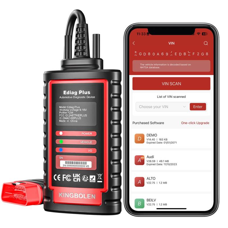 KINGBOLEN Ediag Plus OBD2 Diagnosegerät, Bi-Direktionale OBD2 Bluetooth Diagnosegerät für iOS & Android, Fehlercode Auslesegerät Mit ECU-Codierung, CAN-FD, Auto VIN, 15+ Reset Funktionen. von KINGBOLEN