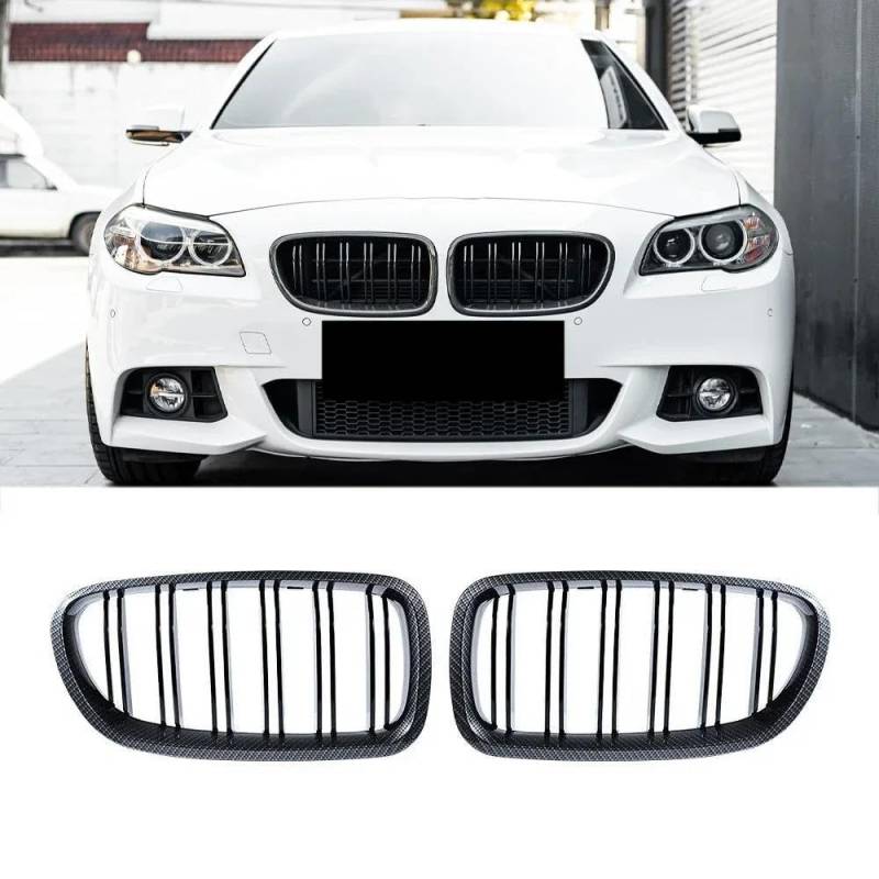 Kühlergrill 2 Stück Auto-Stil Glänzend Schwarz Front Nieren Doppellamellen Grill Kühlergrill Dual Line Racing Gitter Für 5er F10 F11 F18 2010-2017 Grill(Carbon Look) von KIRYU