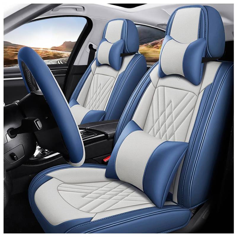 KIUYNHMSI 5-Sitzer Luxus Auto Sitzbezügesets für Fd Mustang VII 2023 2024 2025-, Auto Sitzschoner Wasserdicht Atmungsaktiv rutschfest Zubehör,A/Luxurious-A/Beige-Blue von KIUYNHMSI