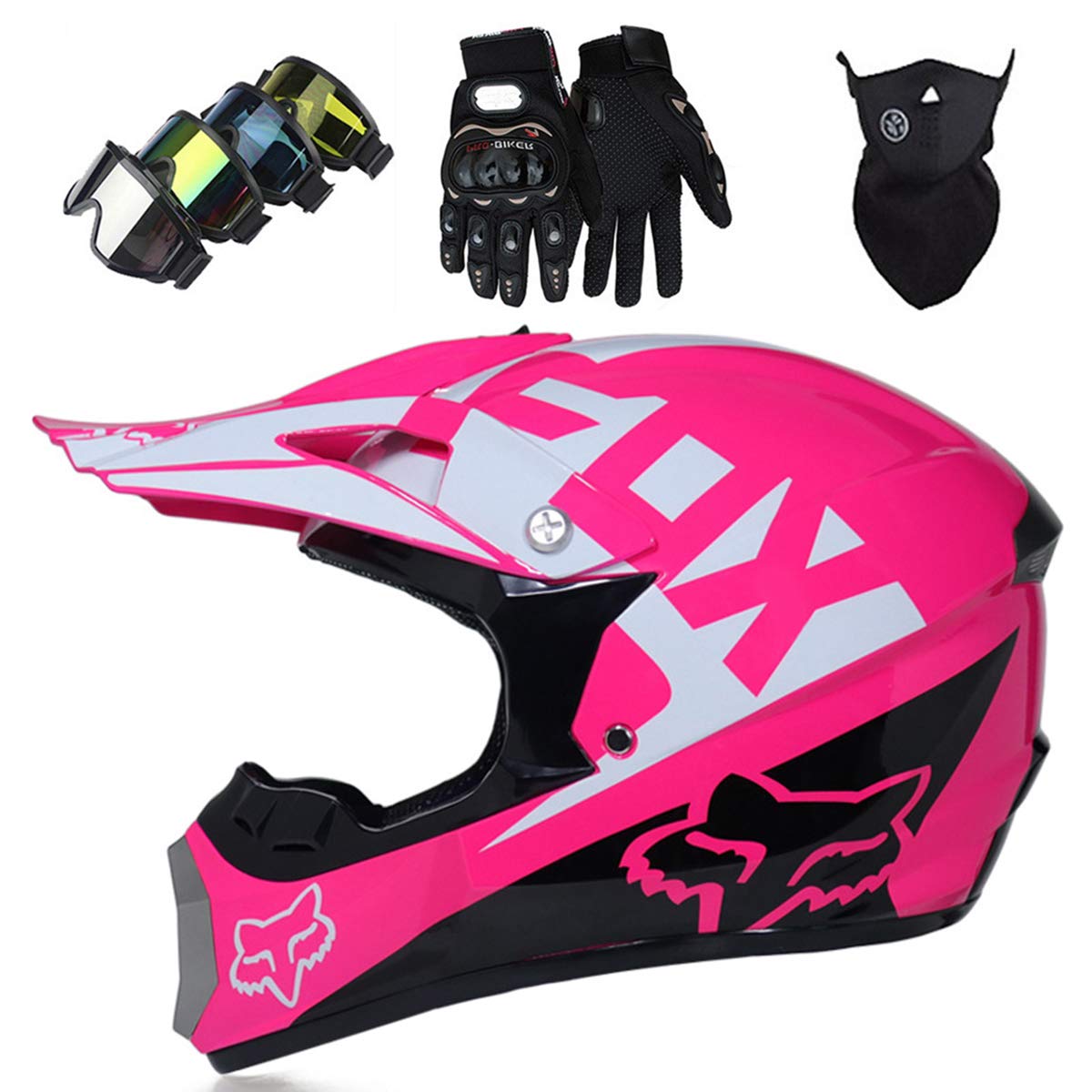 Motocross Helm, Pro Kinder Adult DH Fullface Motorrad Cross Helm Set (Brille Handschuhe Maske) für MTB ATV Roller Downhill Offroad - DOT - mit Fox Design - Persönlichkeit cool - Rosa,XL von KIVEM