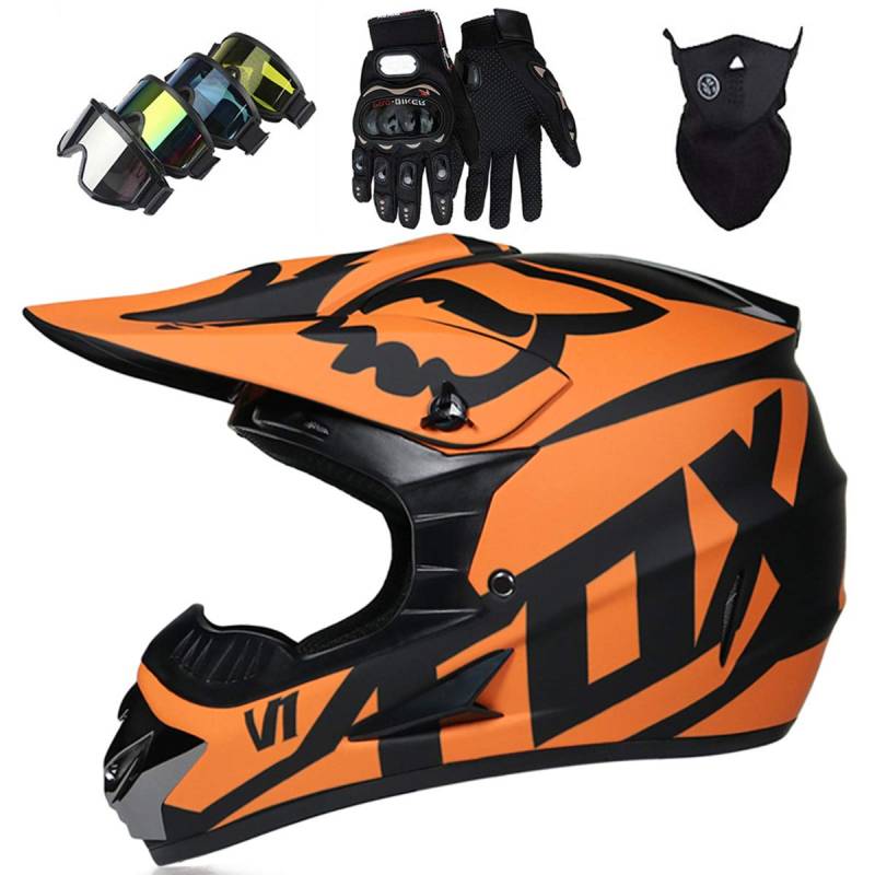 Motorradhelm - JMY-01 Motocross Helm Set - Dirt Bike Fullface Offroad Motorrad Helm mit Schutzbrille Geeignet für Kinder von 5 Bis 14 Jahren mit Fox Design - Matte Schwarz Orange - S/M/L/XL,XL von KIVEM