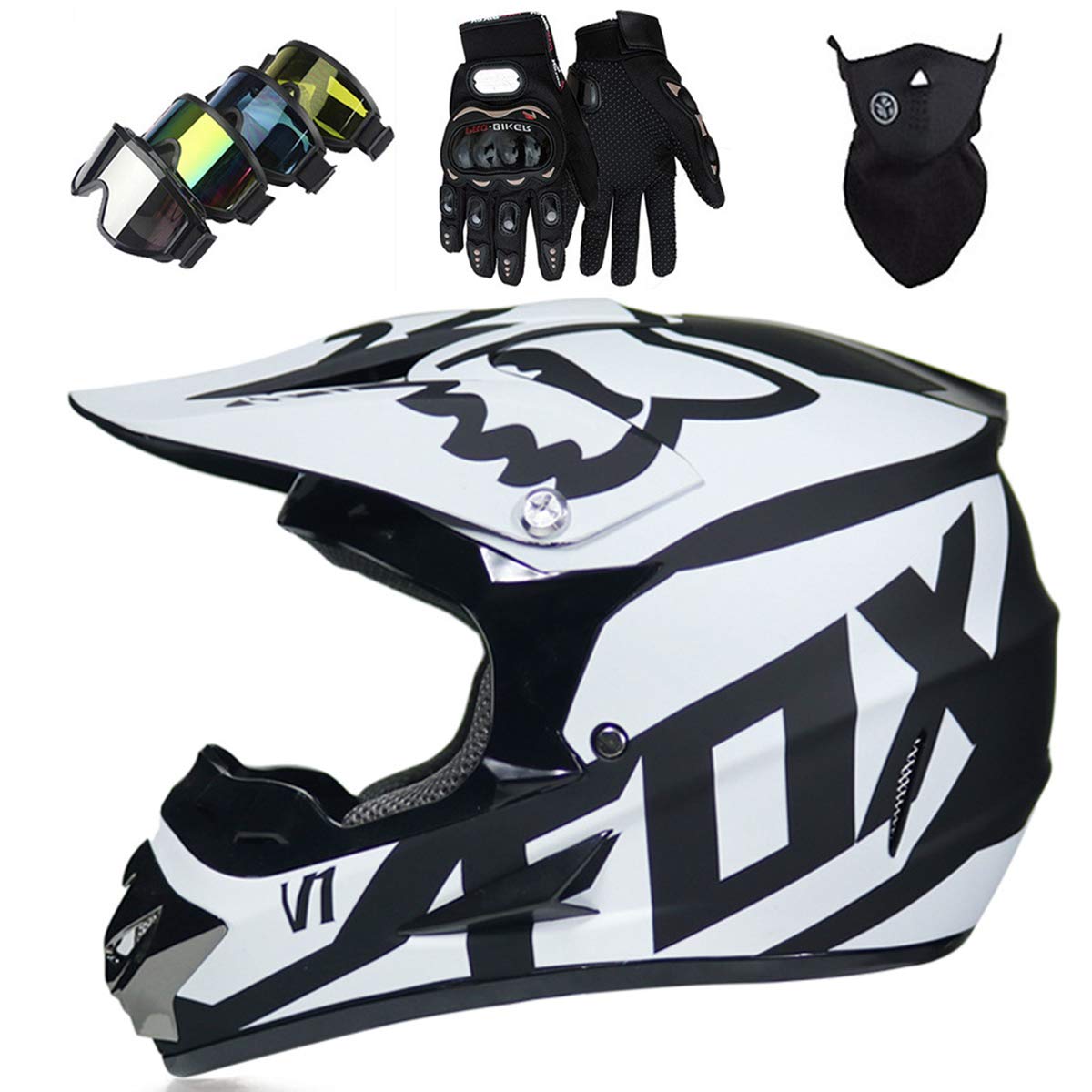 Motorradhelm - JMY-01 Motocross Helm Set - Dirt Bike Fullface Offroad Motorrad Helm mit Schutzbrille Geeignet für Kinder von 5 Bis 14 Jahren mit Fox Design - Schwarz-Weiss - S/M/L/XL,XL von KIVEM