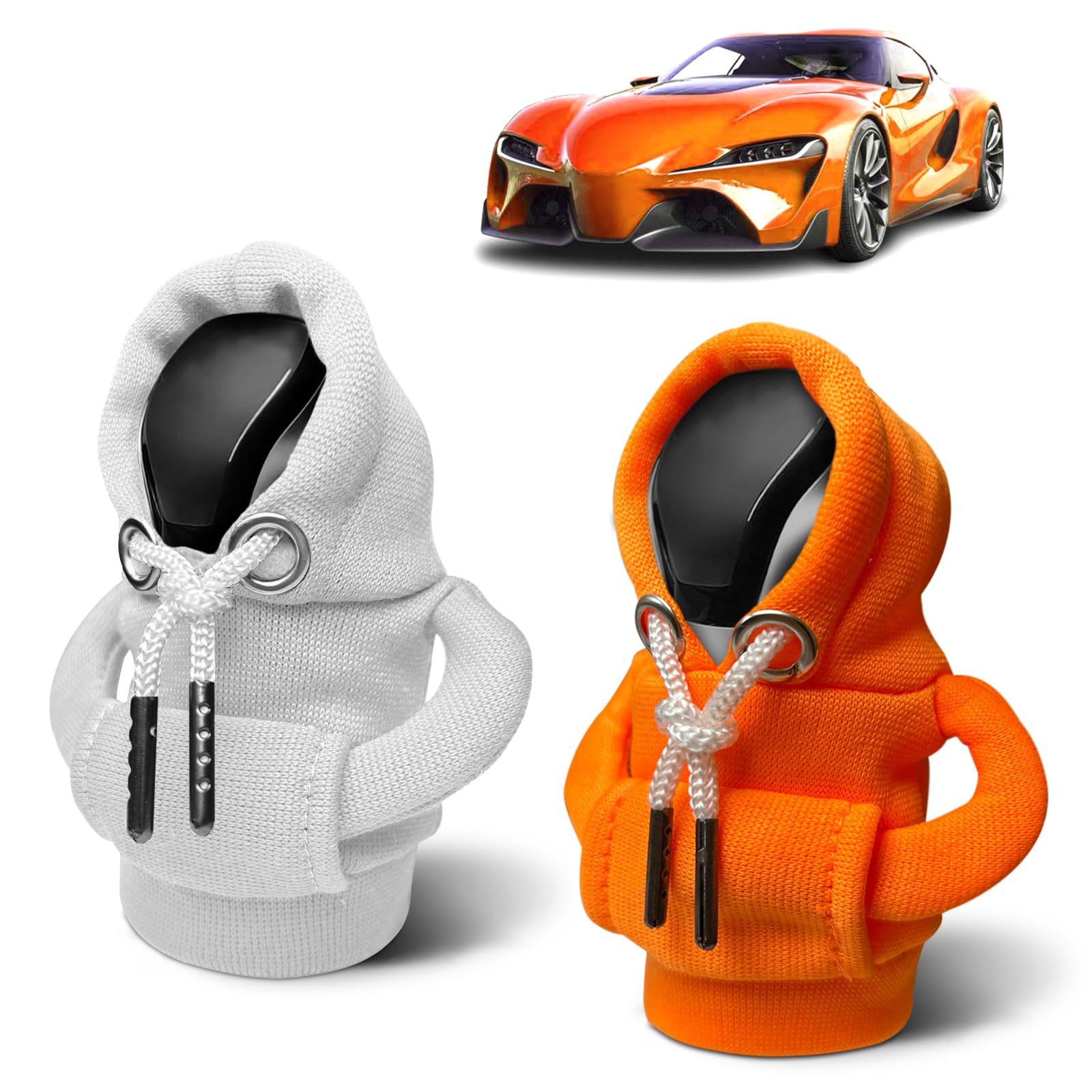 KJG Schaltknauf Hoodie, 2 Stück Hoodie Schaltknauf, Hoodie für Schaltknauf, Auto Schalthebel Abdeckung, Schalthebel Hoodie, Schaltknauf überzug für Auto Schalthebel Dekoration Zubehör (Weiß + Orange) von KJG