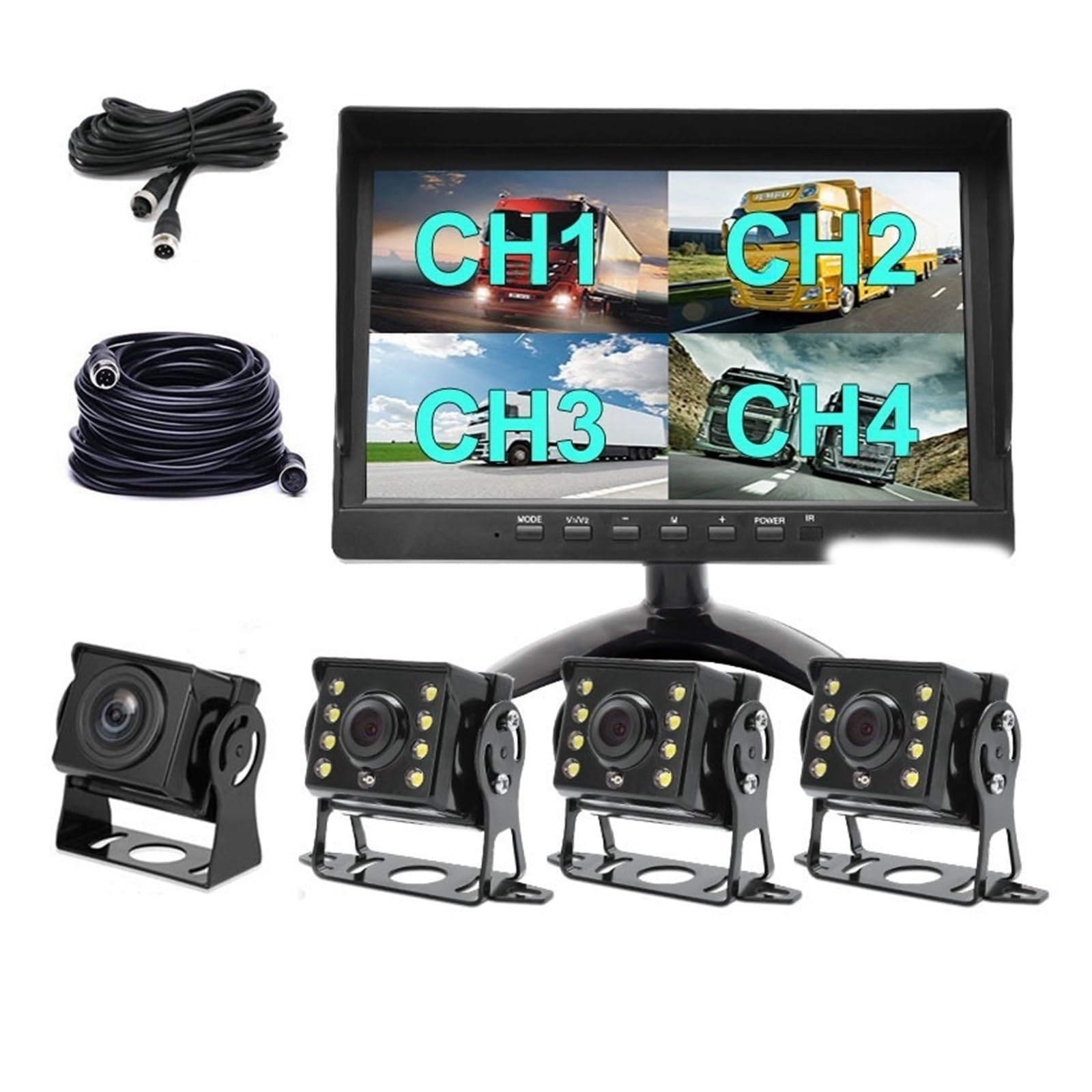 KKGHYYMG 4CH AHD 1080P 10,1 Zoll IPS LKW Bus Fahrzeug DVR Recorder Monitor Mit 4 Kanäle Vorne Hinten Links Rechts AHD Parkplatz Kamera(4pcs Ir Led Camera) von KKGHYYMG